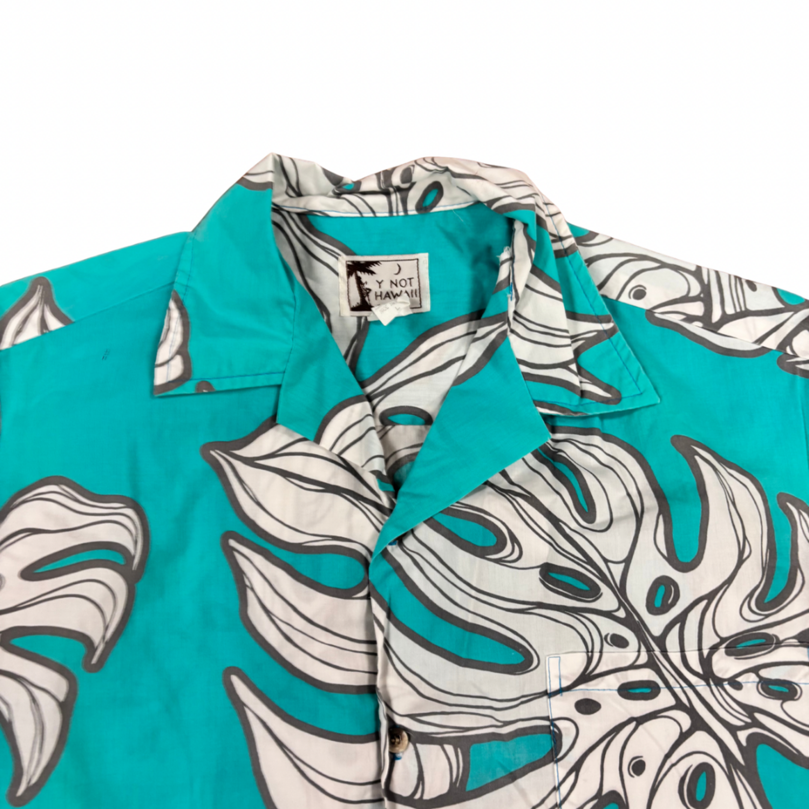 Mission Zero Men’s Vintage Aloha Shirt Y Not Hawaii L seafoam monstera leaf
