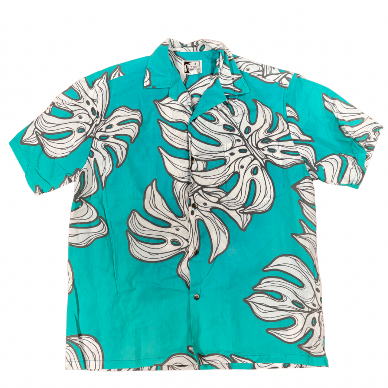 Mission Zero Men’s Vintage Aloha Shirt Y Not Hawaii L seafoam monstera leaf