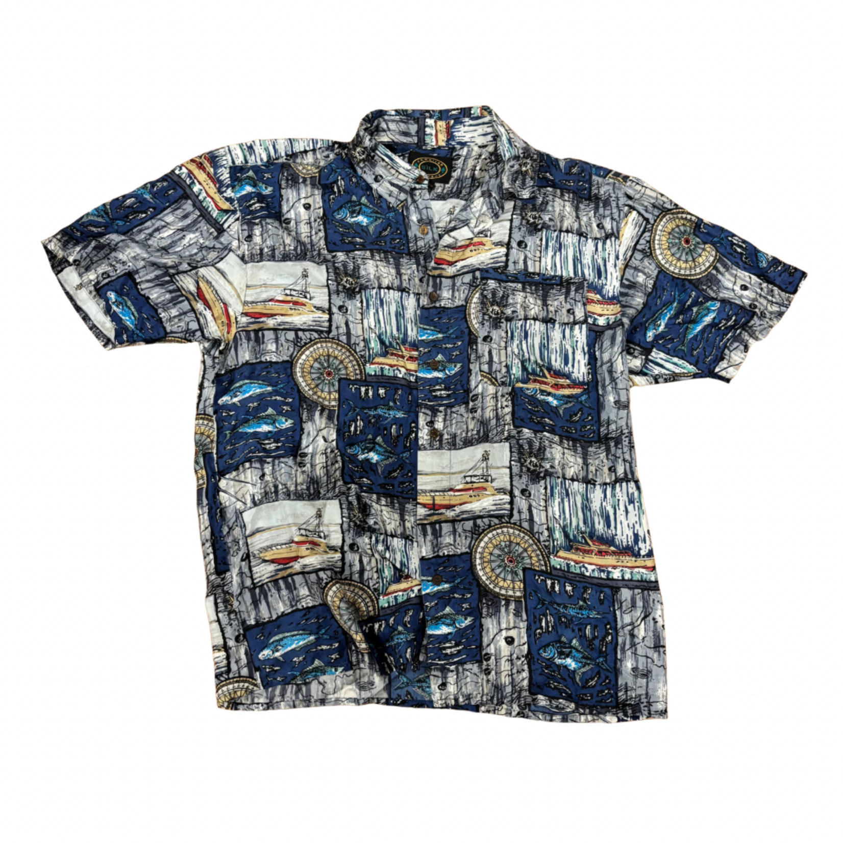 Mission Zero Men’s Aloha Shirt 100% silk L - Ulua, Boats, and Marlin