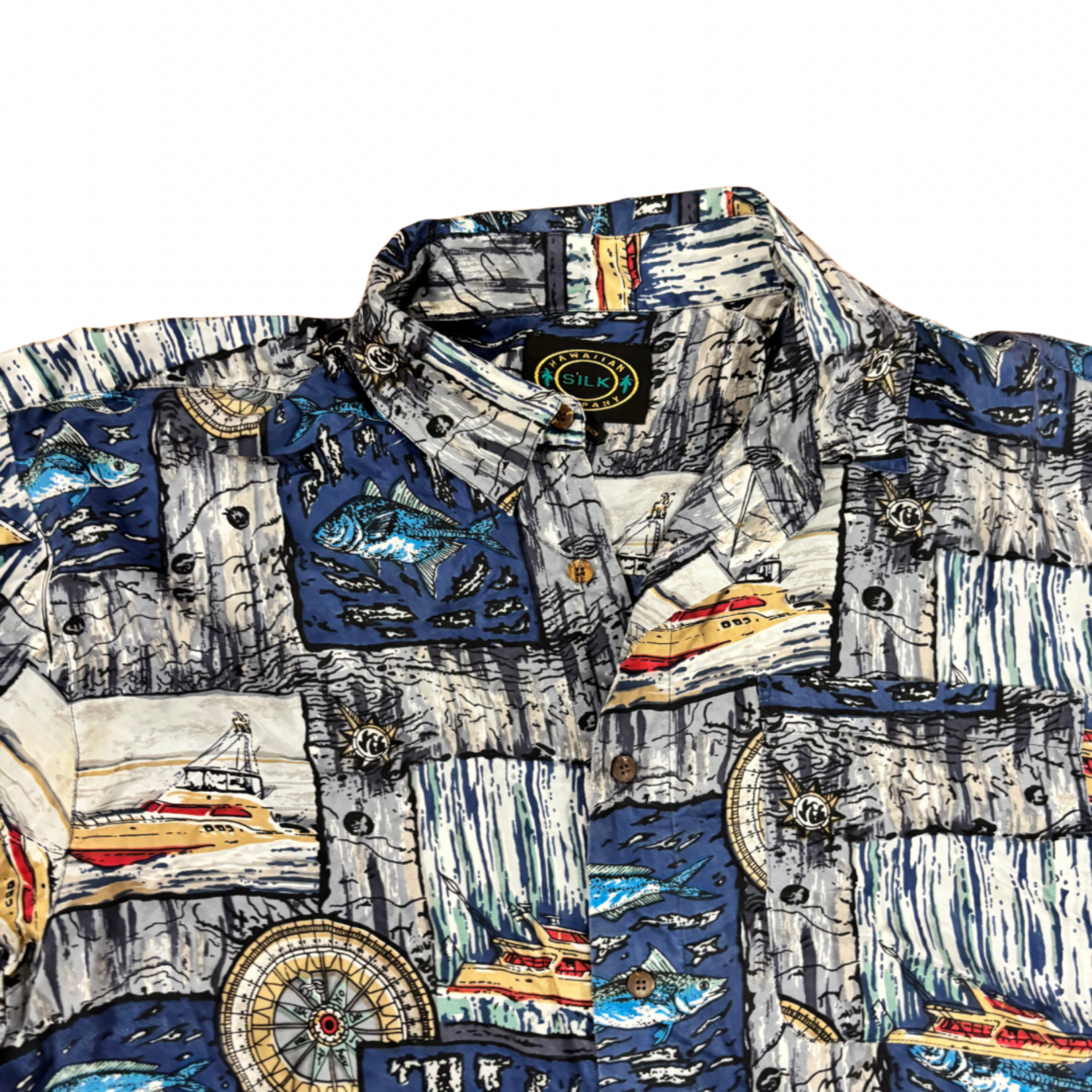 Mission Zero Men’s Aloha Shirt 100% silk L - Ulua, Boats, and Marlin