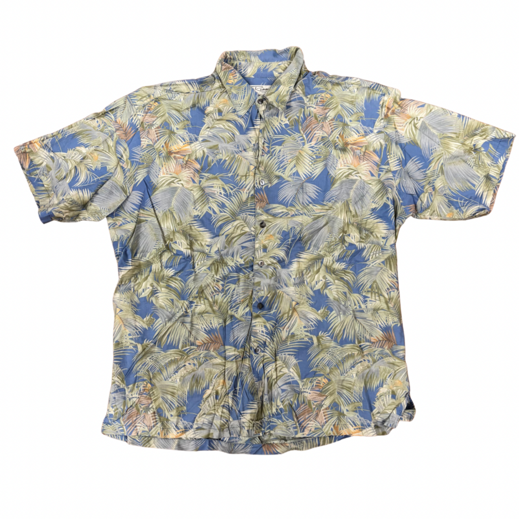 Mission Zero Men’s Aloha Shirt Tori Richard XL - palm leaves with mother of pearl buttons