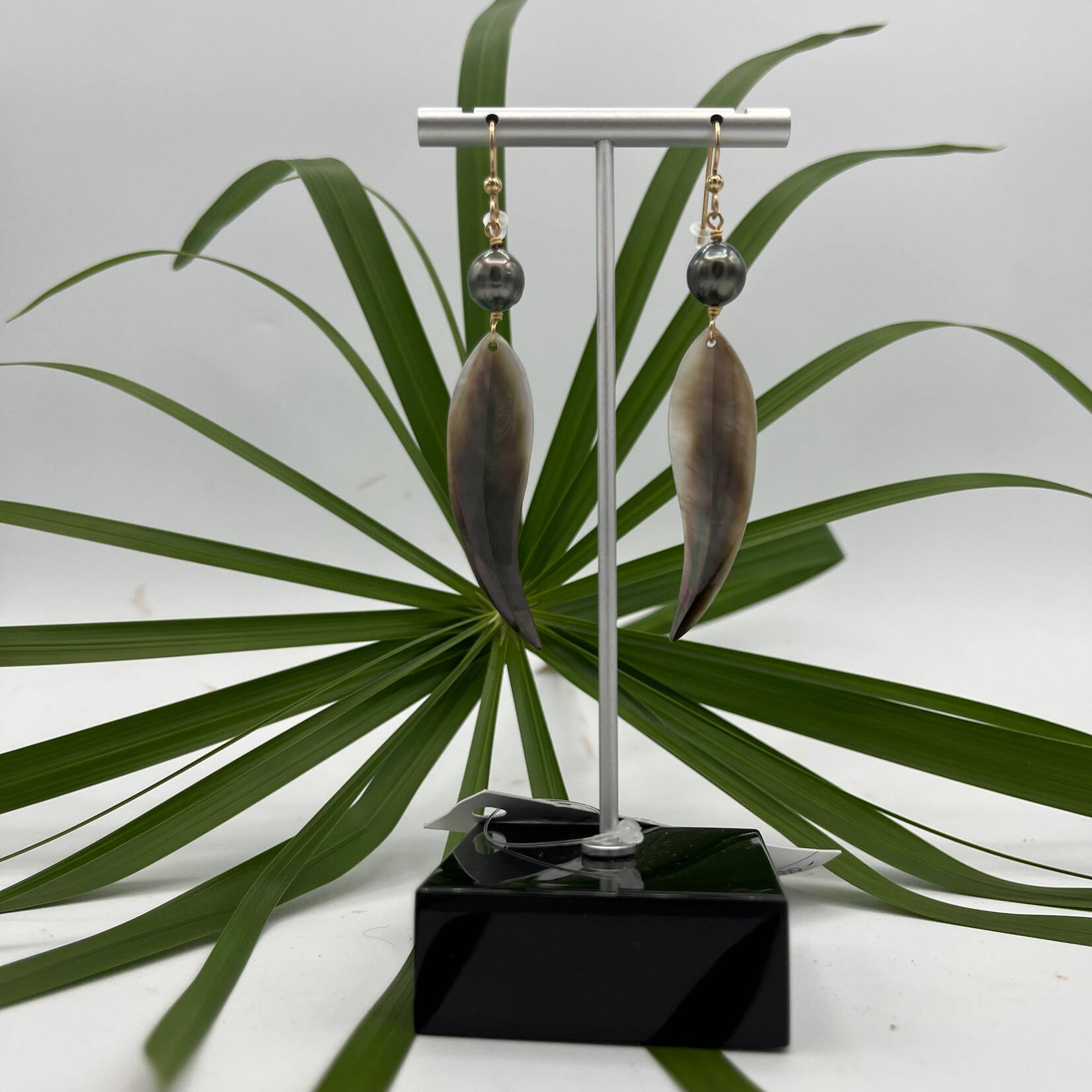 GKS - Grace K Studio GKS Tahitian Black Pearl 9mm + MOP Feather Earrings GF