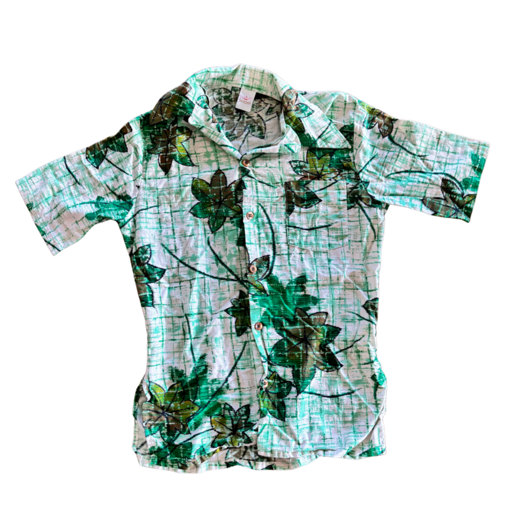 Mission Zero Men’s Vintage Aloha Shirt - Jantzen- ‘70s Dagger Collar Green Leaf - Small