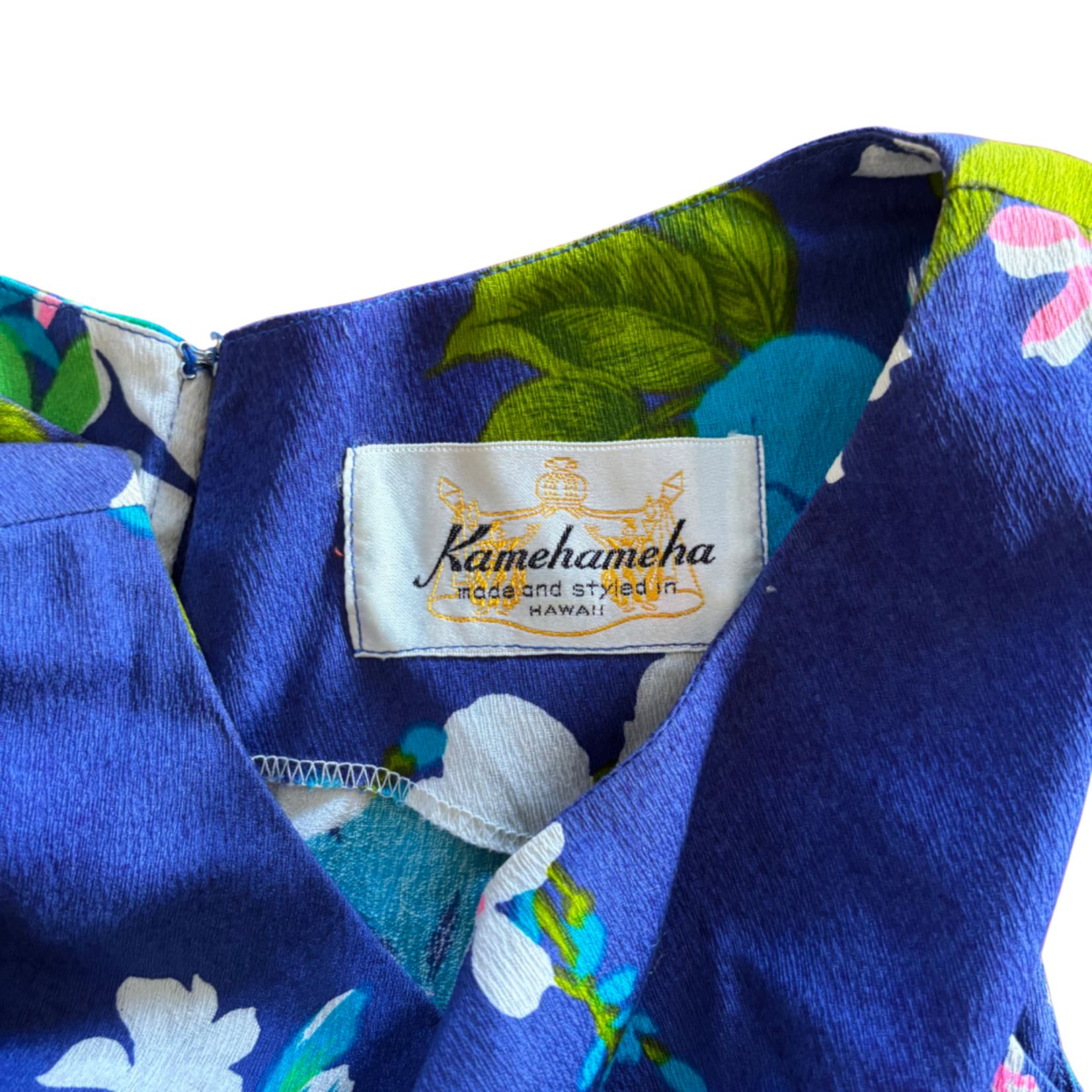 Mission Zero Women's Vintage Dress - Kamehameha-Blue Hibiscus  Barkcloth  - XXS