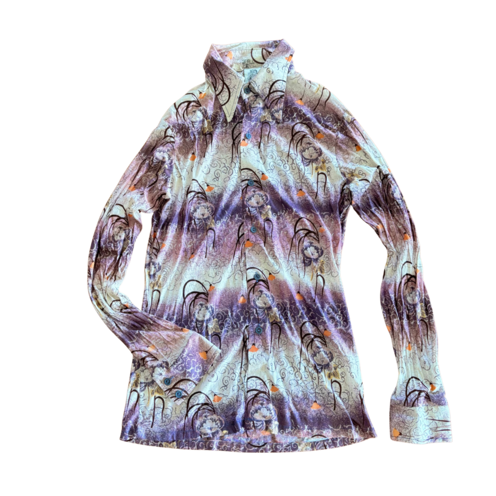 Mission Zero Unisex  Vintage Aloha Shirt - Kennington- ‘70s Dagger Purple Long Sleeve - Small