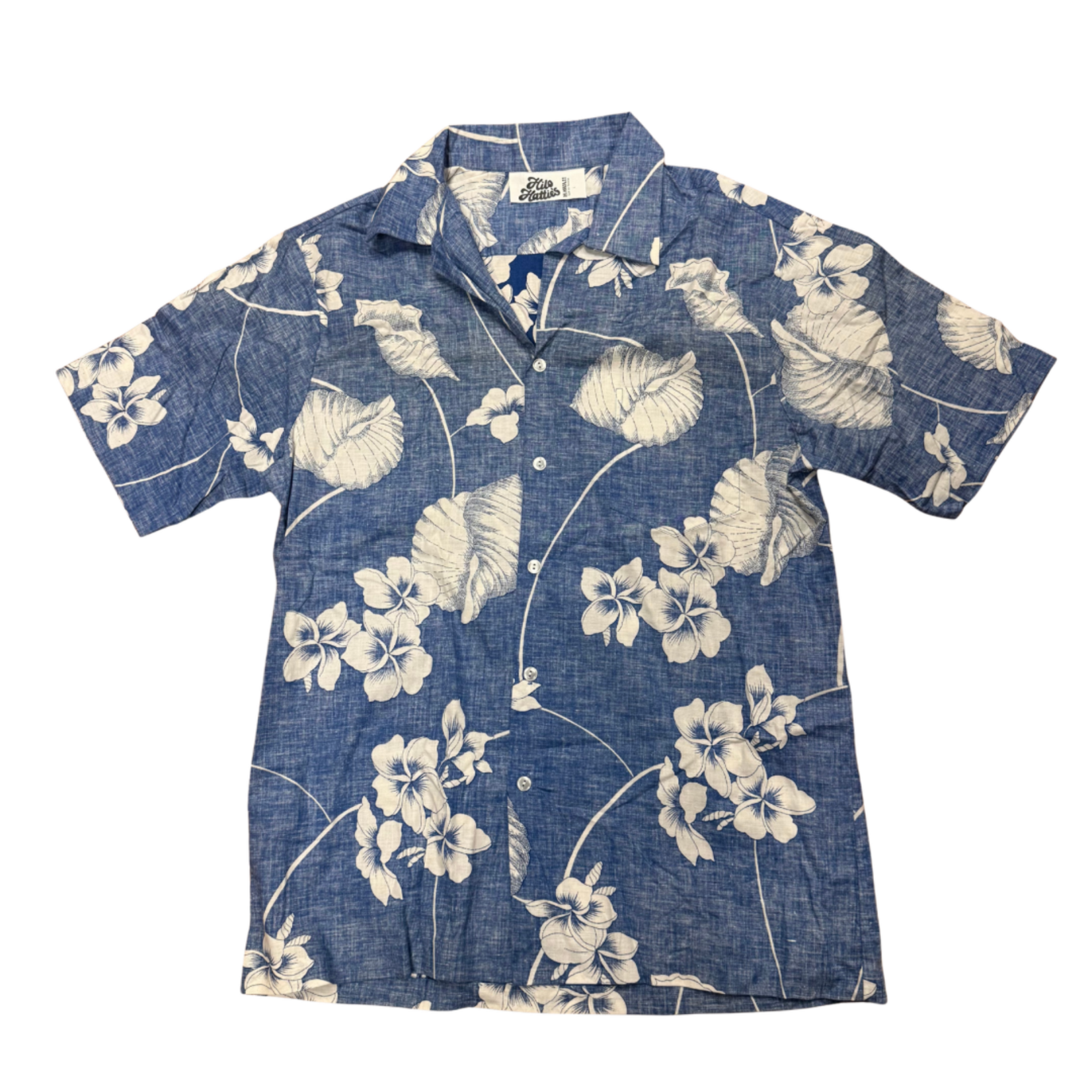 Mission Zero Men's Vintage Aloha Shirt - Hilo Hatties - Blue Flower and Shell - L