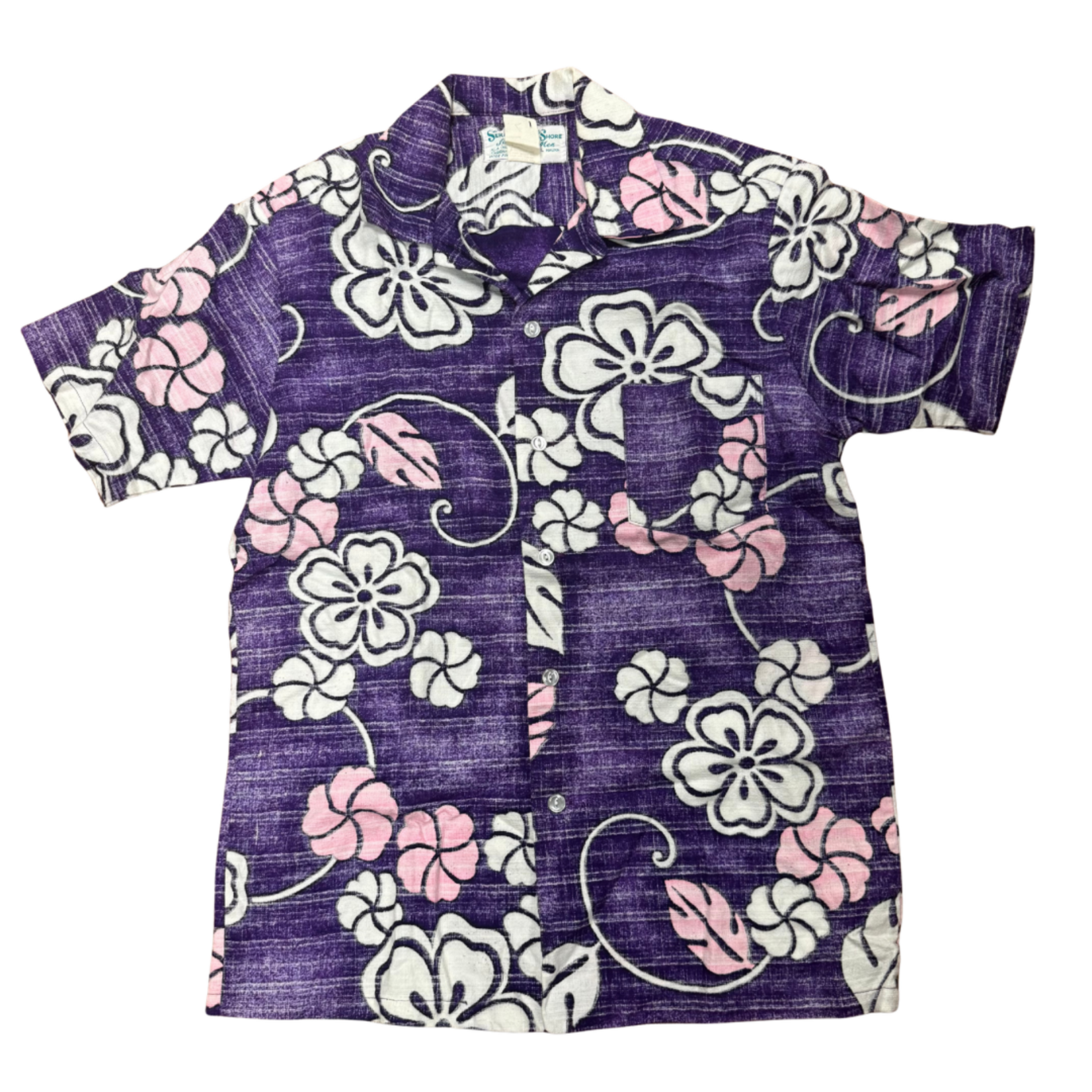 Mission Zero Men's Vintage Aloha Shirt - Sera's Surf n Shore- Purple Pink Flowers - L