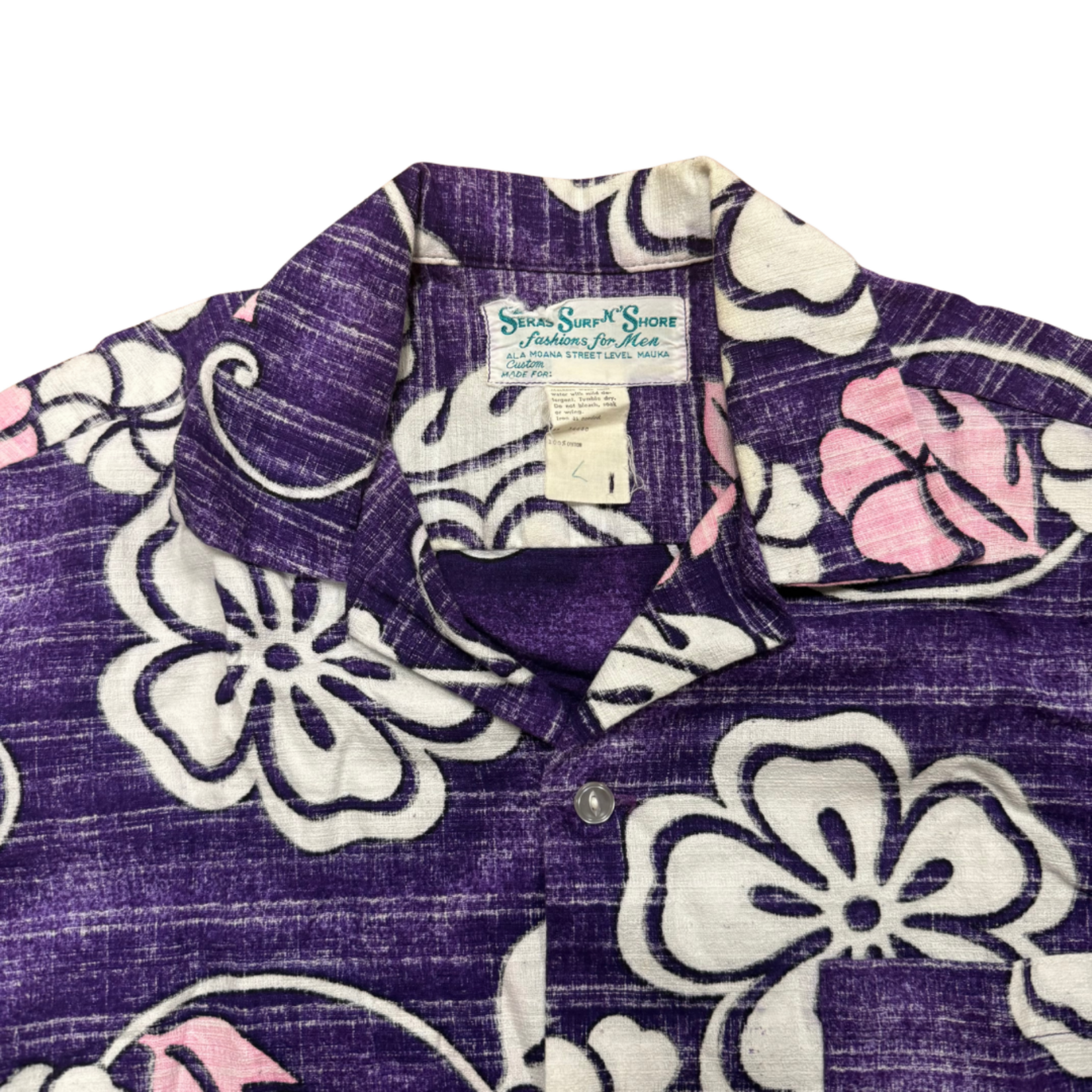 Mission Zero Men's Vintage Aloha Shirt - Sera's Surf n Shore- Purple Pink Flowers - L