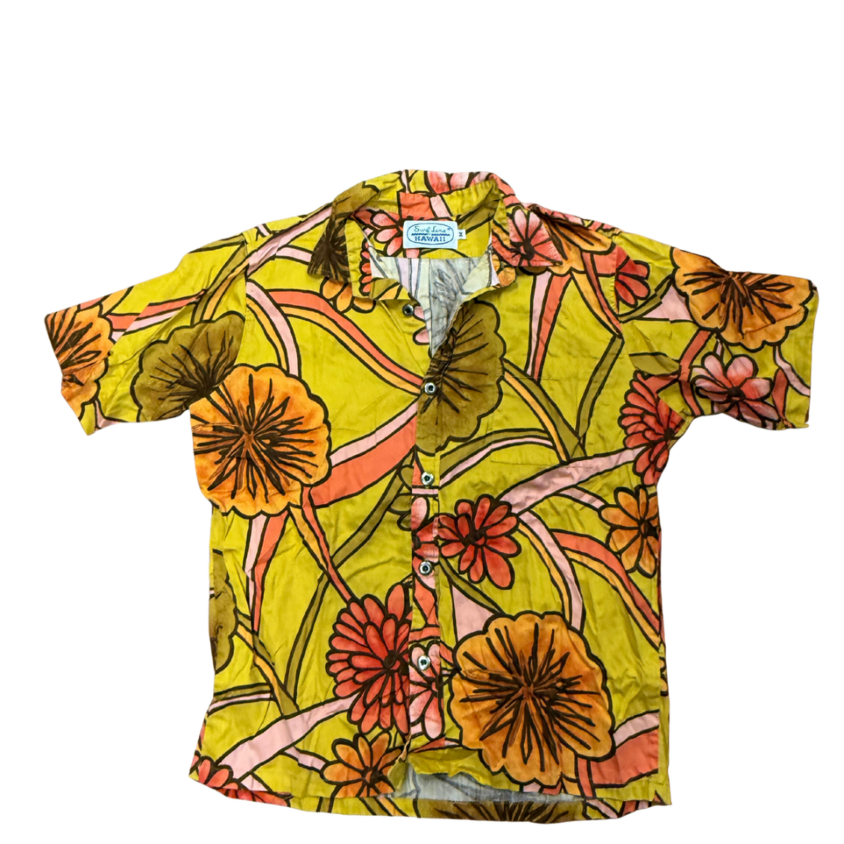 Mission Zero Men's Vintage Aloha Shirt - Surfline Hawaii- Yellow Flower power metal buttons - M