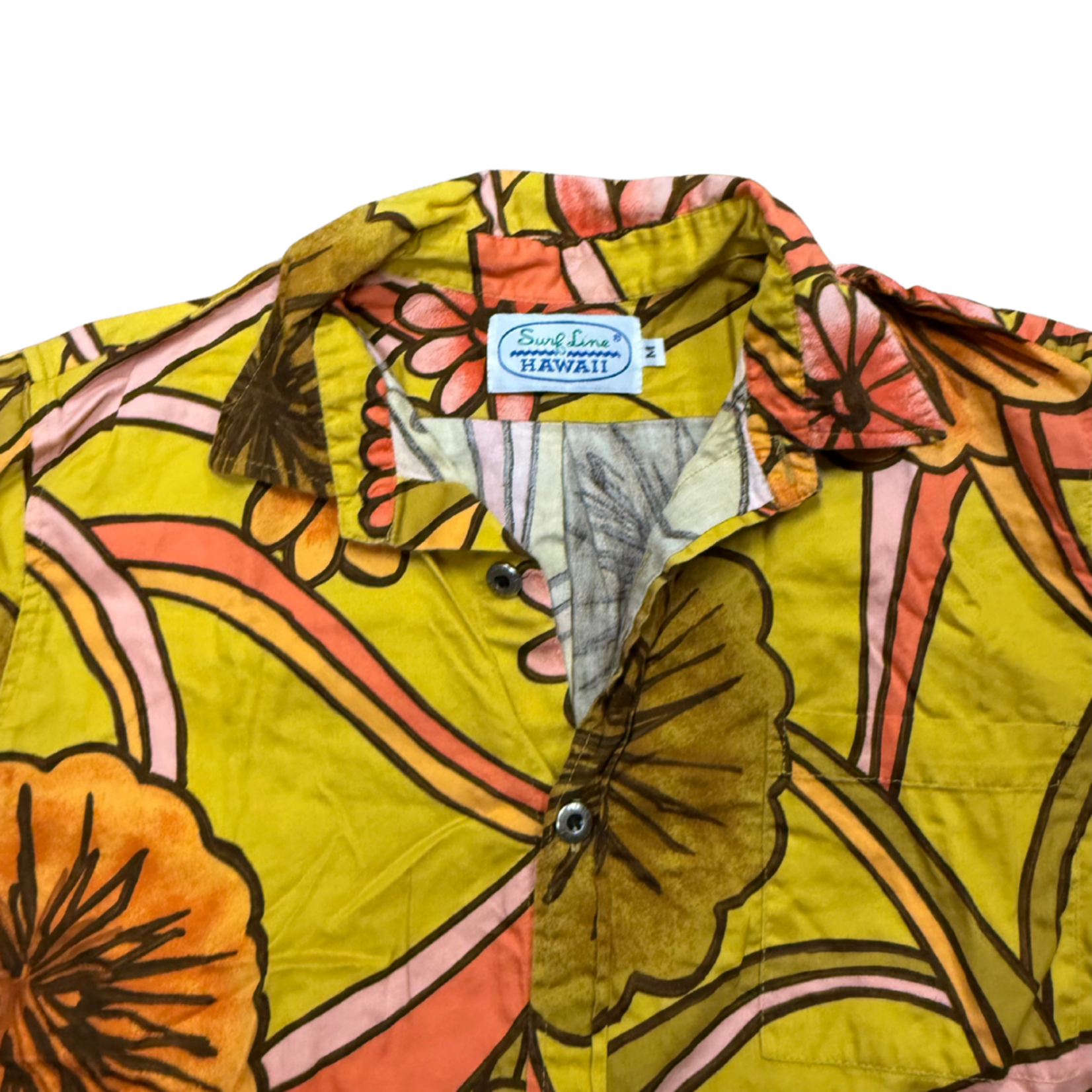 Mission Zero Men's Vintage Aloha Shirt - Surfline Hawaii- Yellow Flower power metal buttons - M