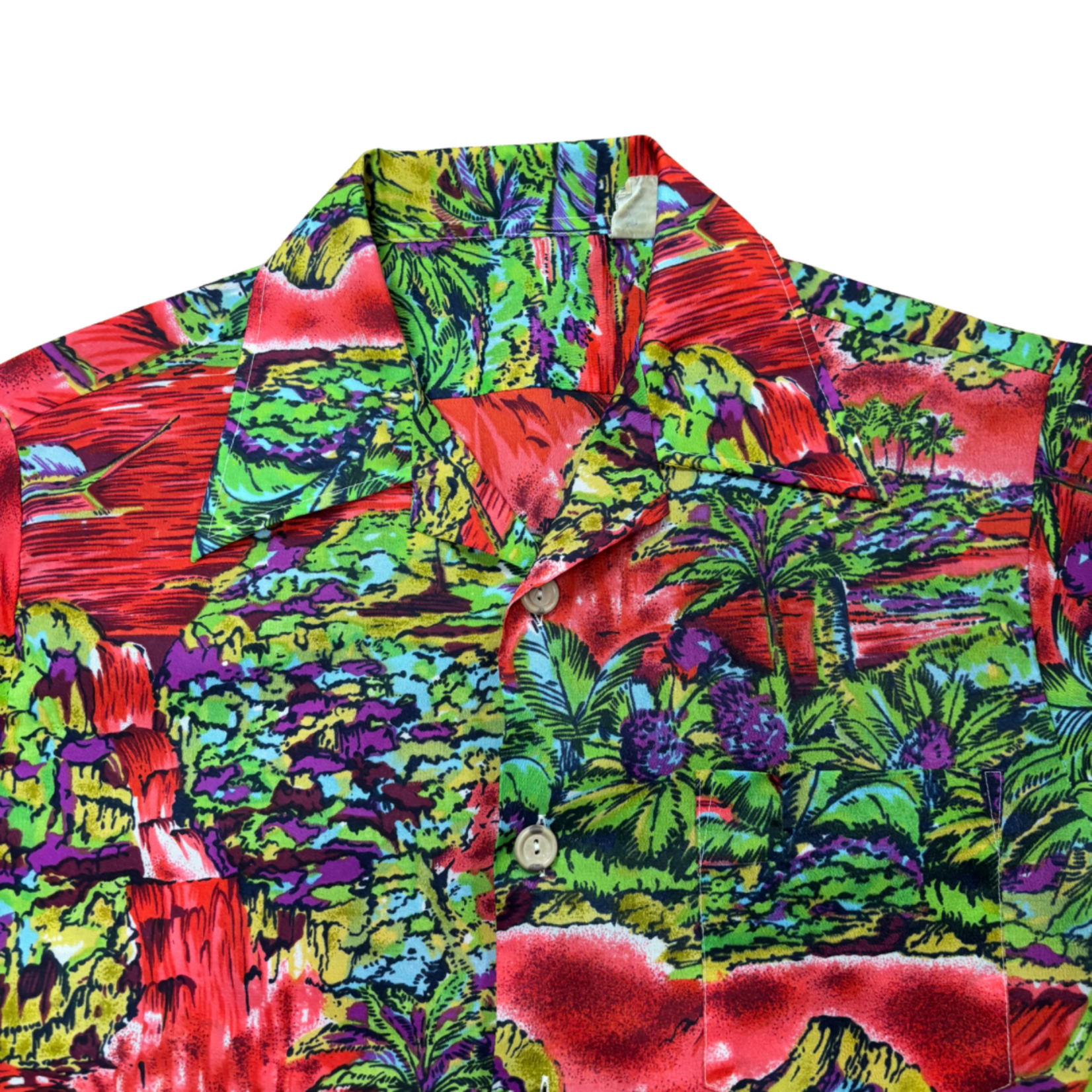 Mission Zero Men's Vintage Aloha Shirt -  No Label Wooden Button Red Island Scene - S