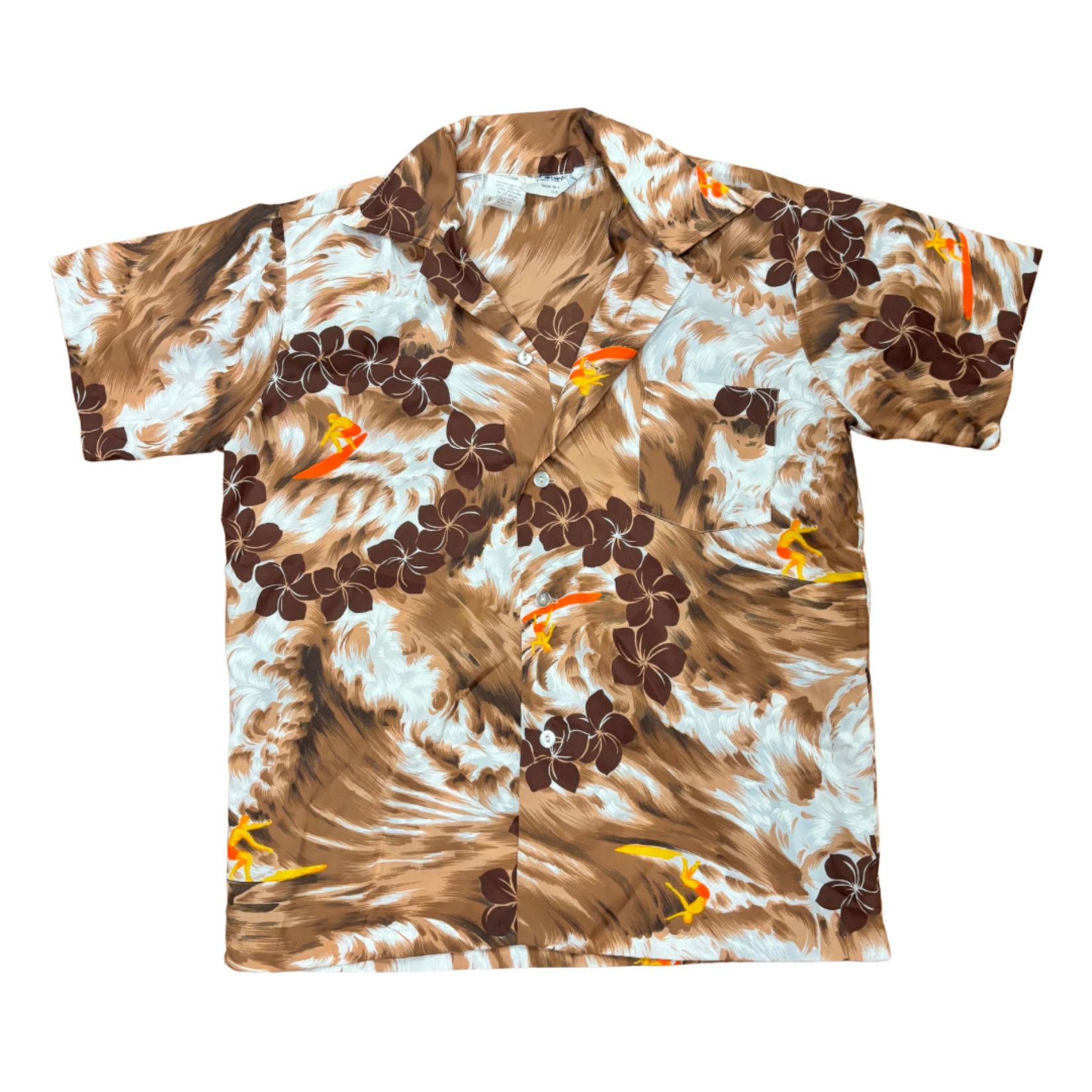 Mission Zero Keiki Vintage Aloha Shirt - Pacific Isle Creations- Brown Plumeria and Surfer - Size 14