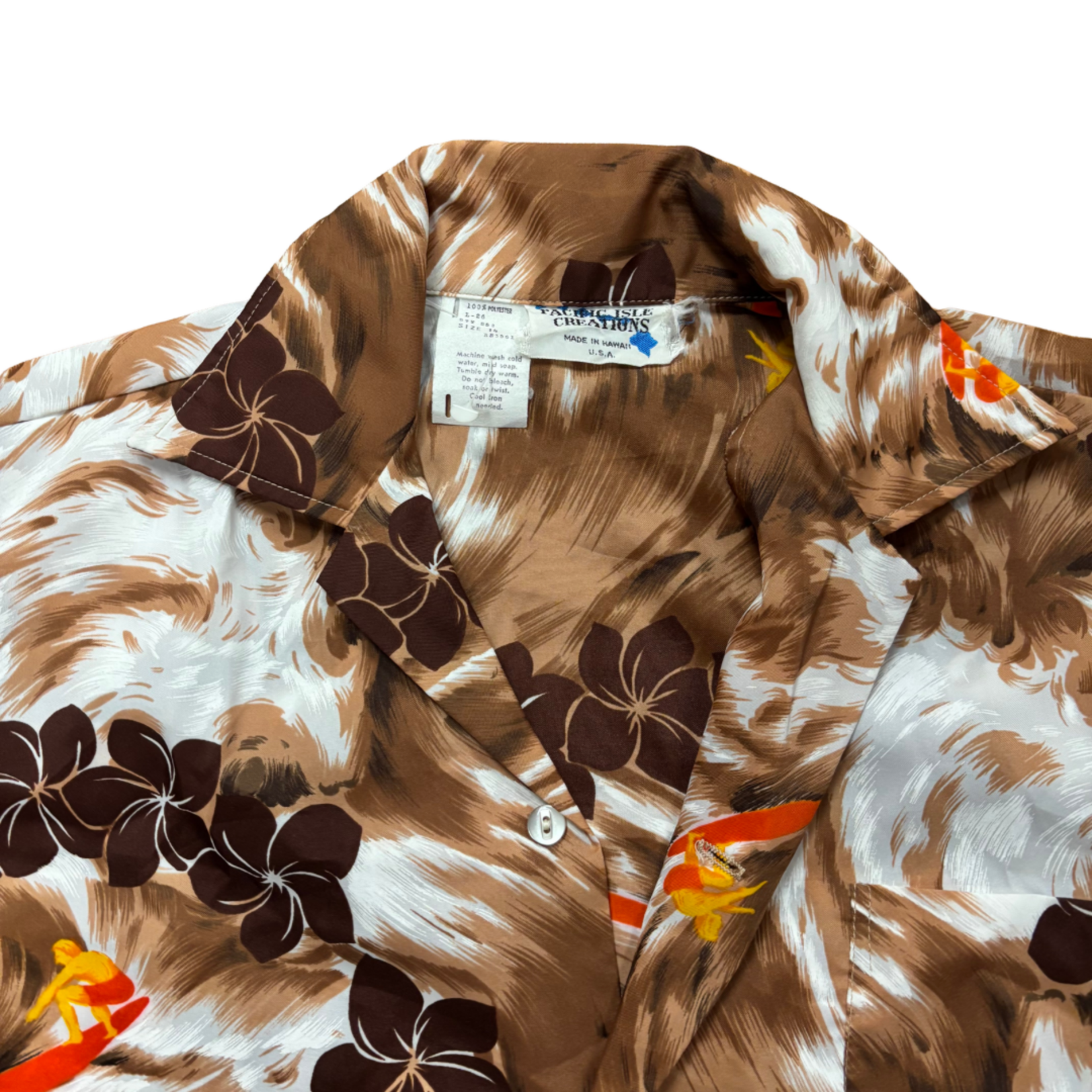 Mission Zero Keiki Vintage Aloha Shirt - Pacific Isle Creations- Brown Plumeria and Surfer - Size 14