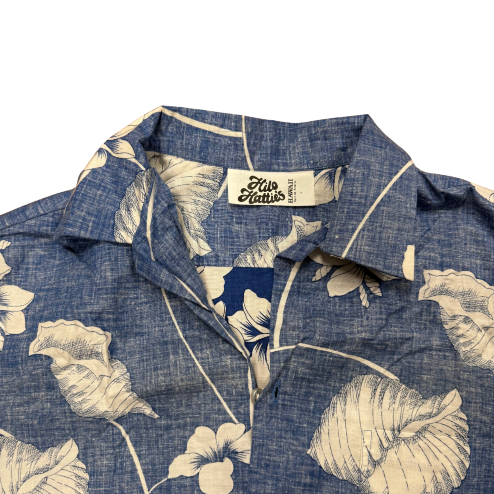 Mission Zero Men's Vintage Aloha Shirt - Hilo Hatties - Blue Flower and Shell - L