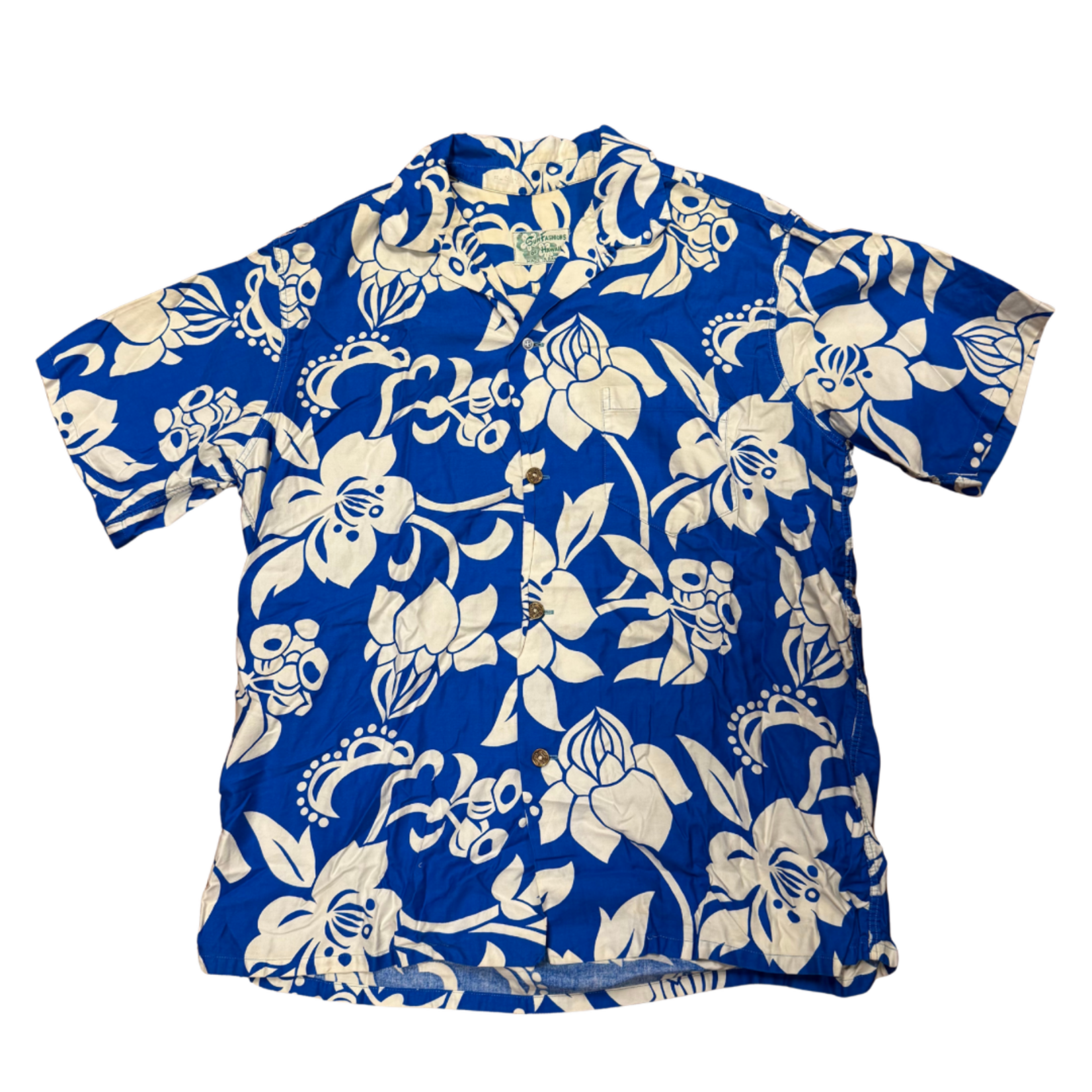 Mission Zero Men’s Vintage Aloha Shirt - Sun Fashions of Hawaii - blue flower w/metal buttons - XL