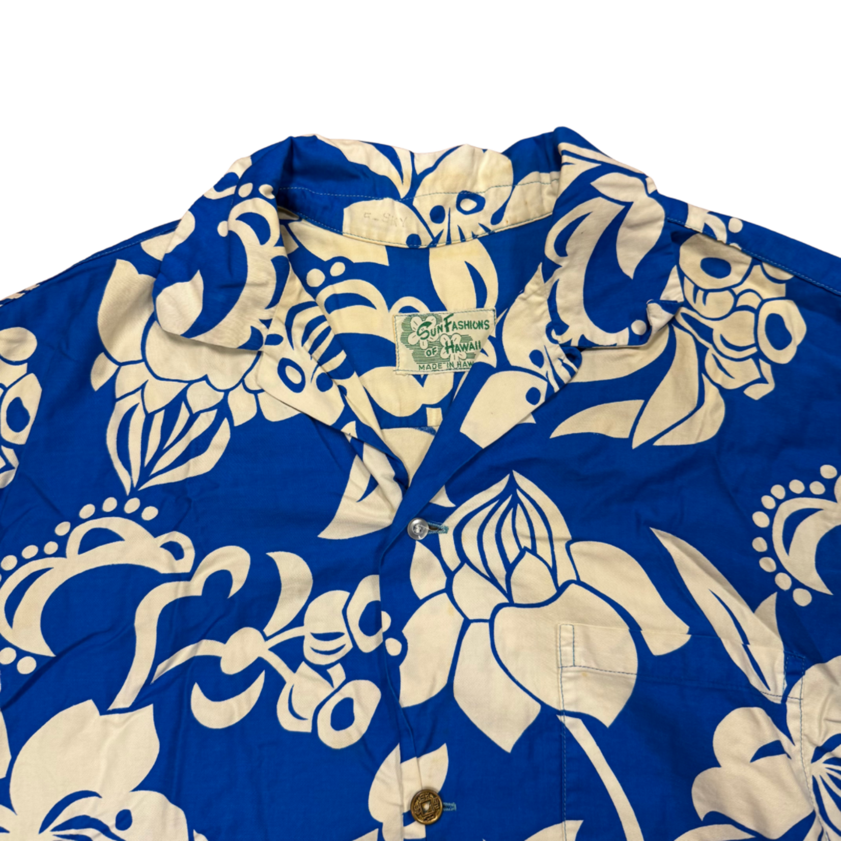 Mission Zero Men’s Vintage Aloha Shirt - Sun Fashions of Hawaii - blue flower w/metal buttons - XL