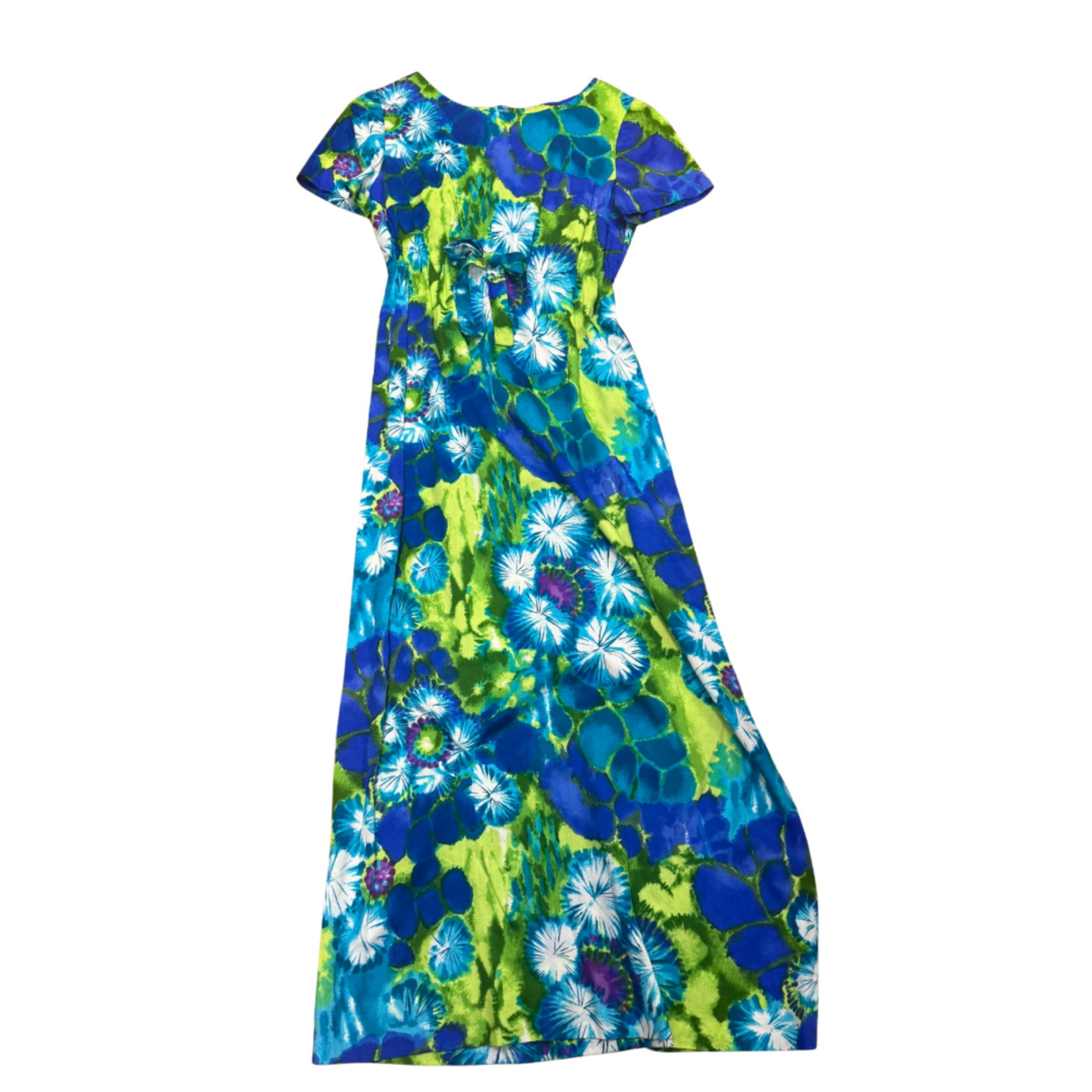 Mission Zero Women's Vintage Dress - Handmade No Label - Barkcloth Green Blue Burst Dayglo - Small