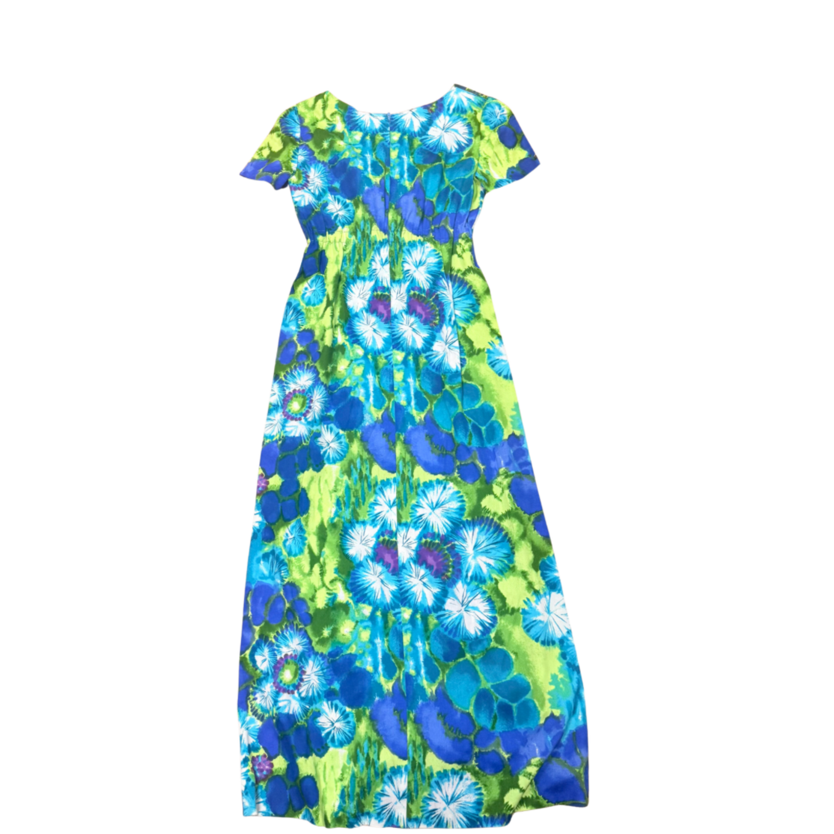 Mission Zero Women's Vintage Dress - Handmade No Label - Barkcloth Green Blue Burst Dayglo - Small