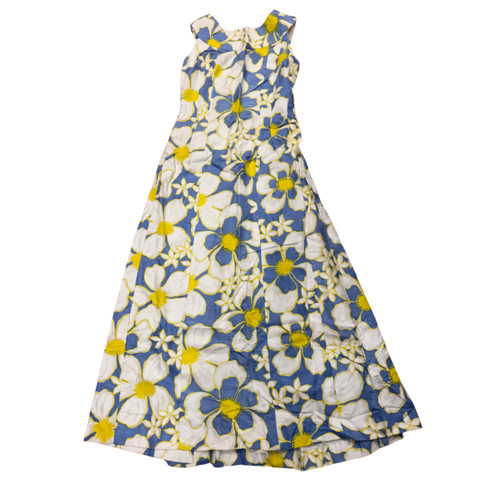 Mission Zero Women’s Vintage Dress - By Tia Hawaii - Blue Yellow White Embossed Waterfall Back - Small