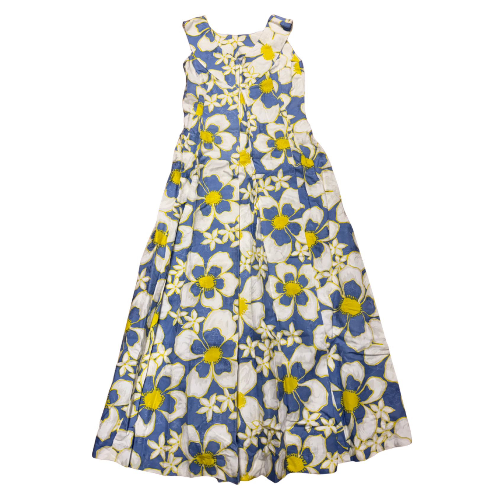 Mission Zero Women’s Vintage Dress - By Tia Hawaii - Blue Yellow White Embossed Waterfall Back - Small