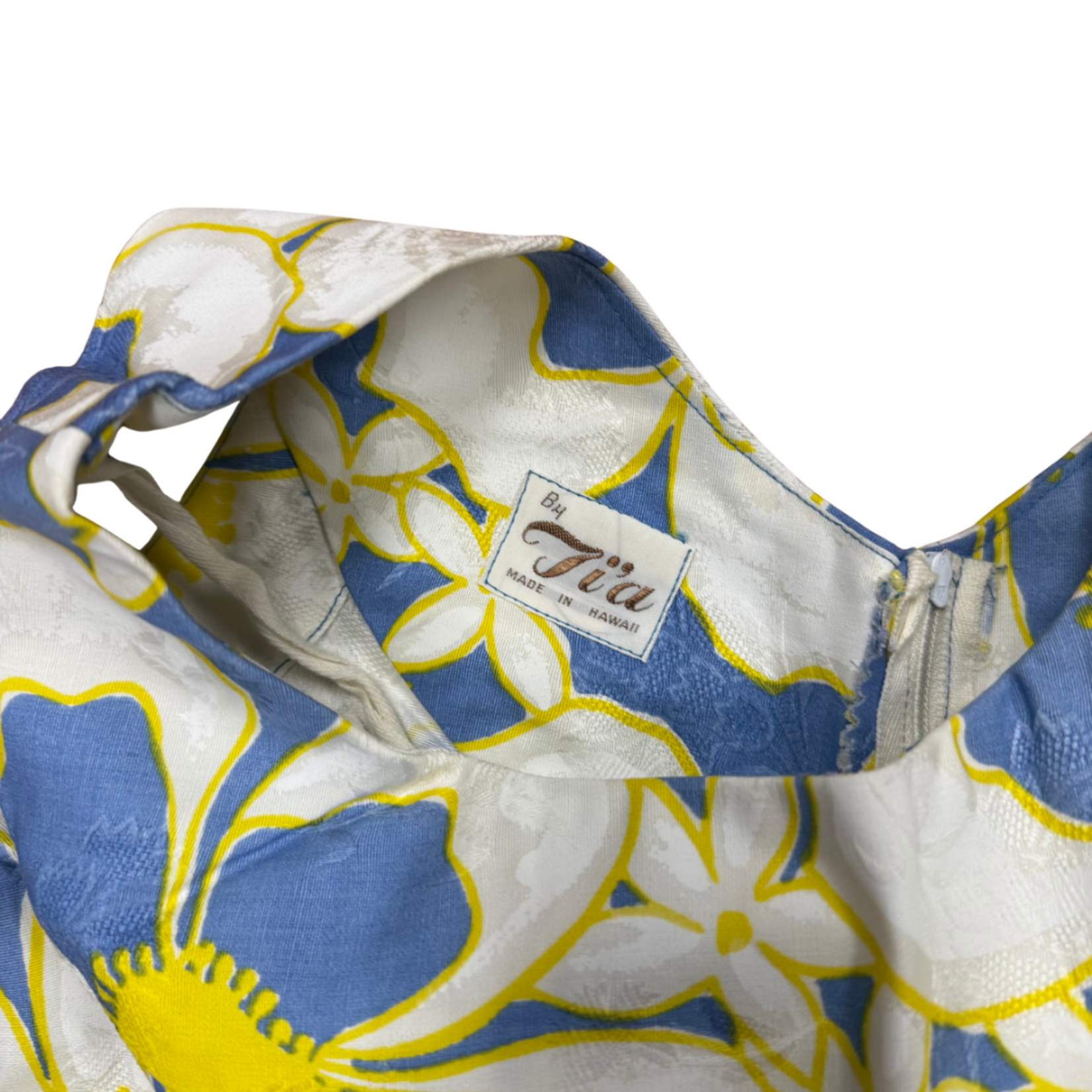 Mission Zero Women’s Vintage Dress - By Tia Hawaii - Blue Yellow White Embossed Waterfall Back - Small