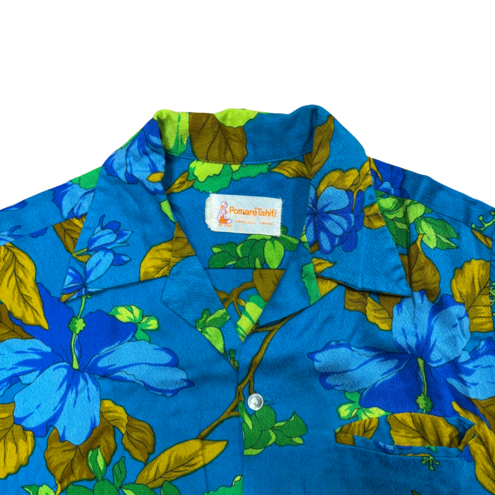 Mission Zero Men’s Vintage Aloha Shirt - Pomare Tahiti - Barkcloth Blue Dayglo - S