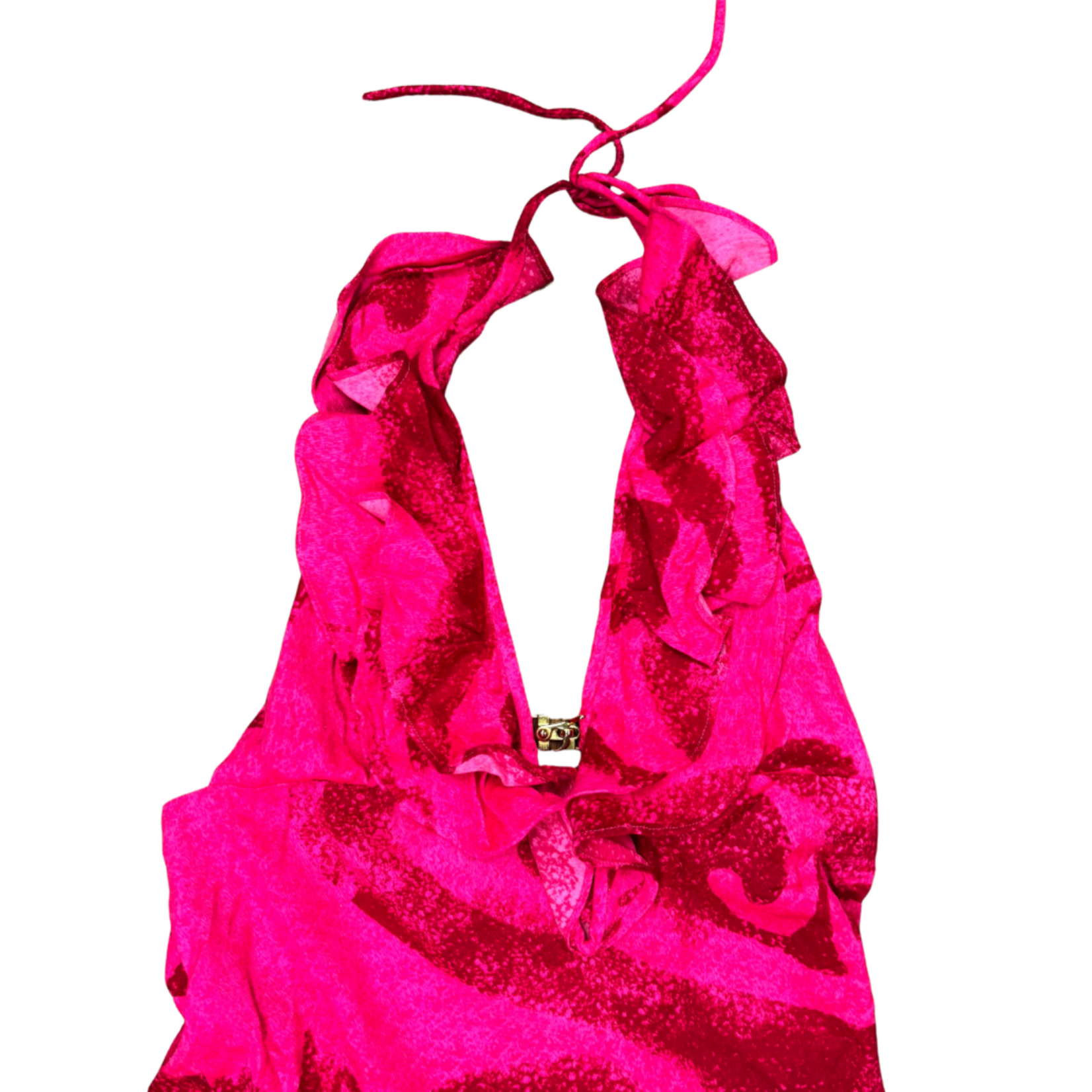 Mission Zero Women’s Vintage Dress- Fumi’s - Dayglow Pink Barkcloth Halter - Small