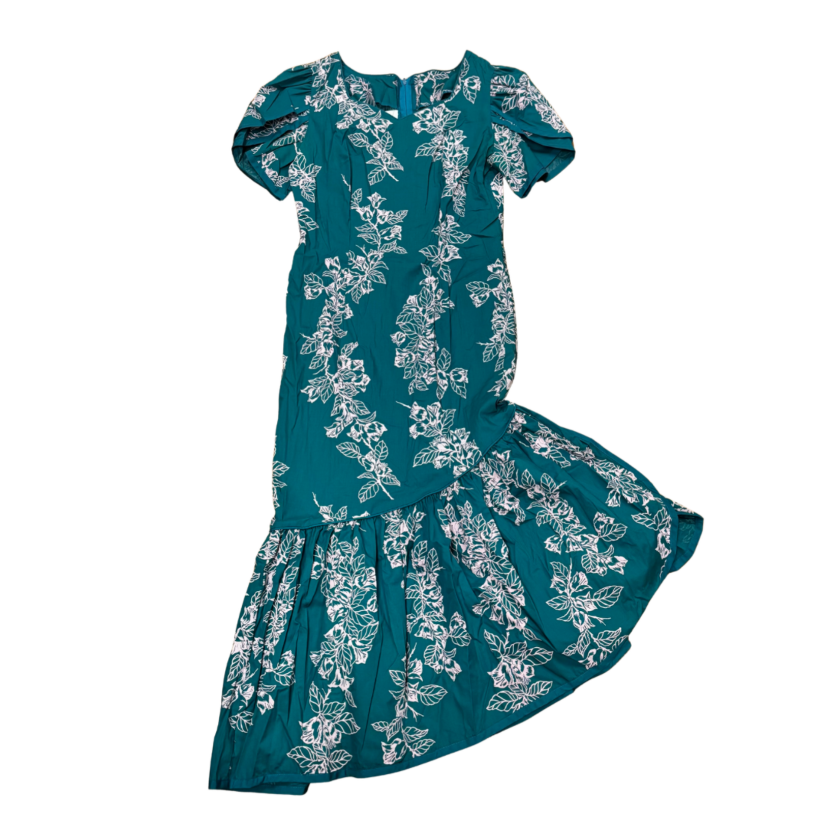 Mission Zero Women's Vintage Dress - Hilo Hattie-  Teal Assymetrical Hem Tulip Sleeve - Small (10)