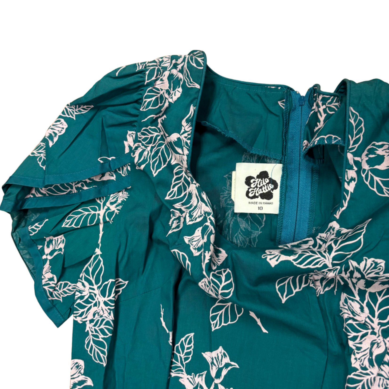 Mission Zero Women's Vintage Dress - Hilo Hattie-  Teal Assymetrical Hem Tulip Sleeve - Small (10)