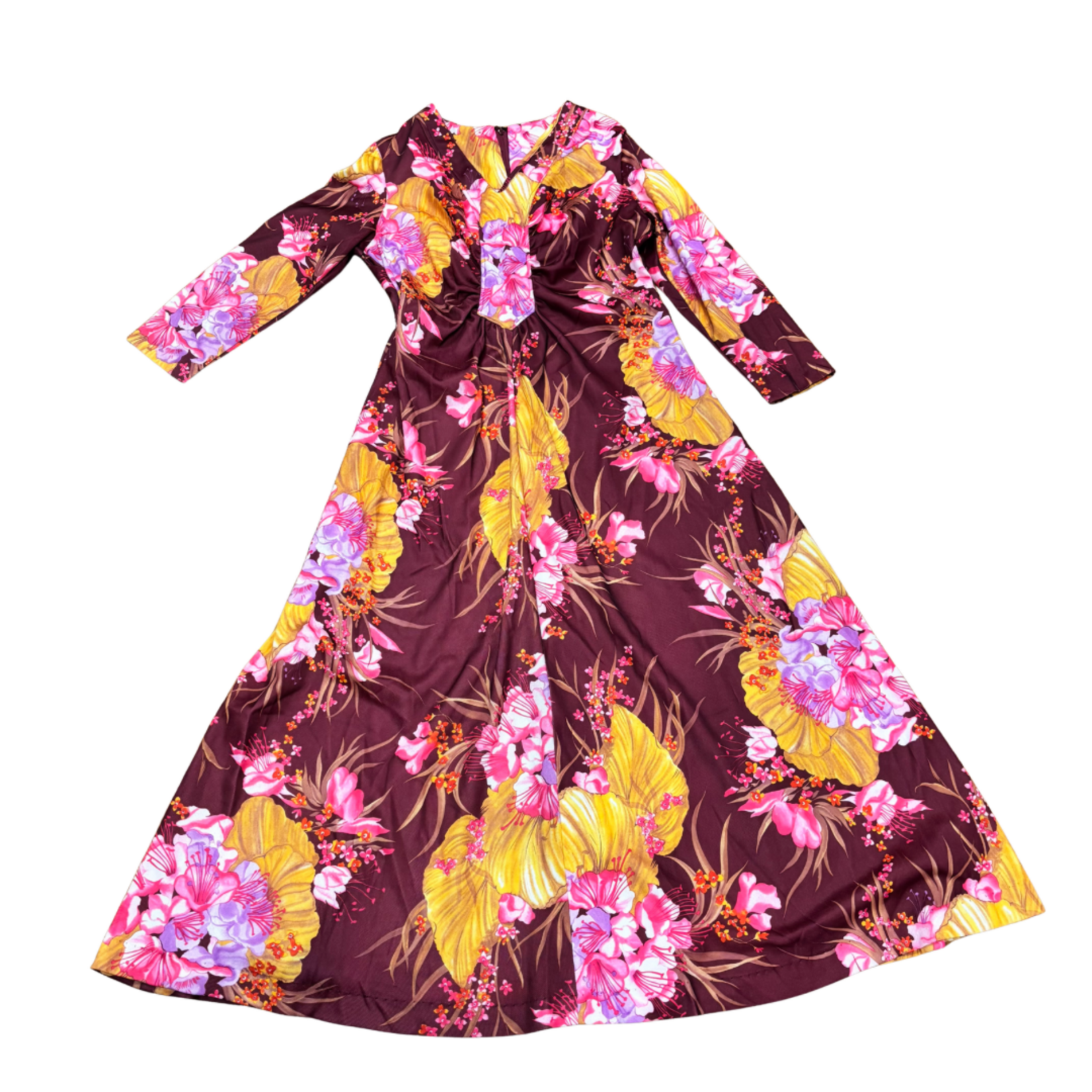 Mission Zero Women’s Vintage Dress - No Label - Burgandy Ohia Long Sleeve Mu’umu’u - Medium