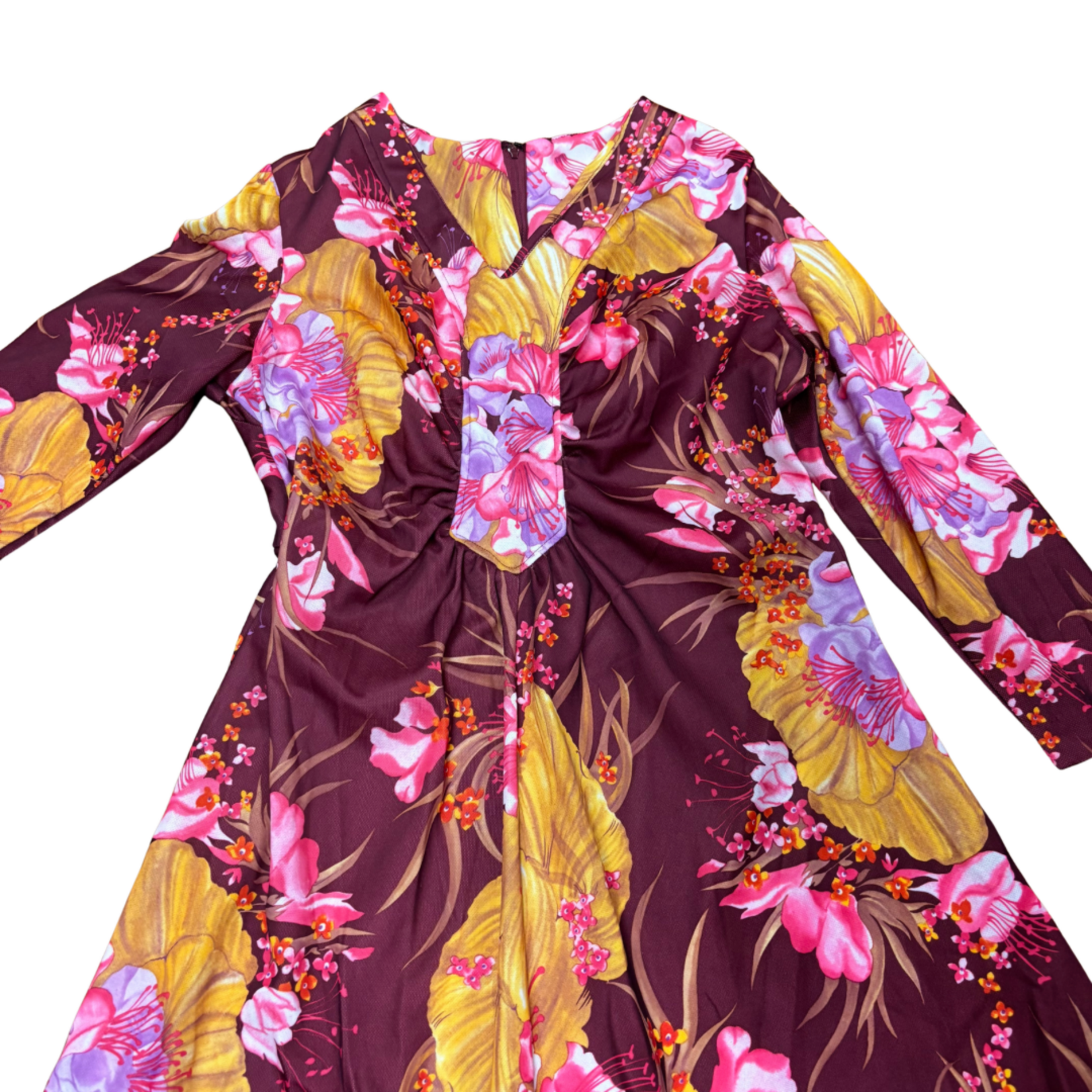 Mission Zero Women’s Vintage Dress - No Label - Burgandy Ohia Long Sleeve Mu’umu’u - Medium