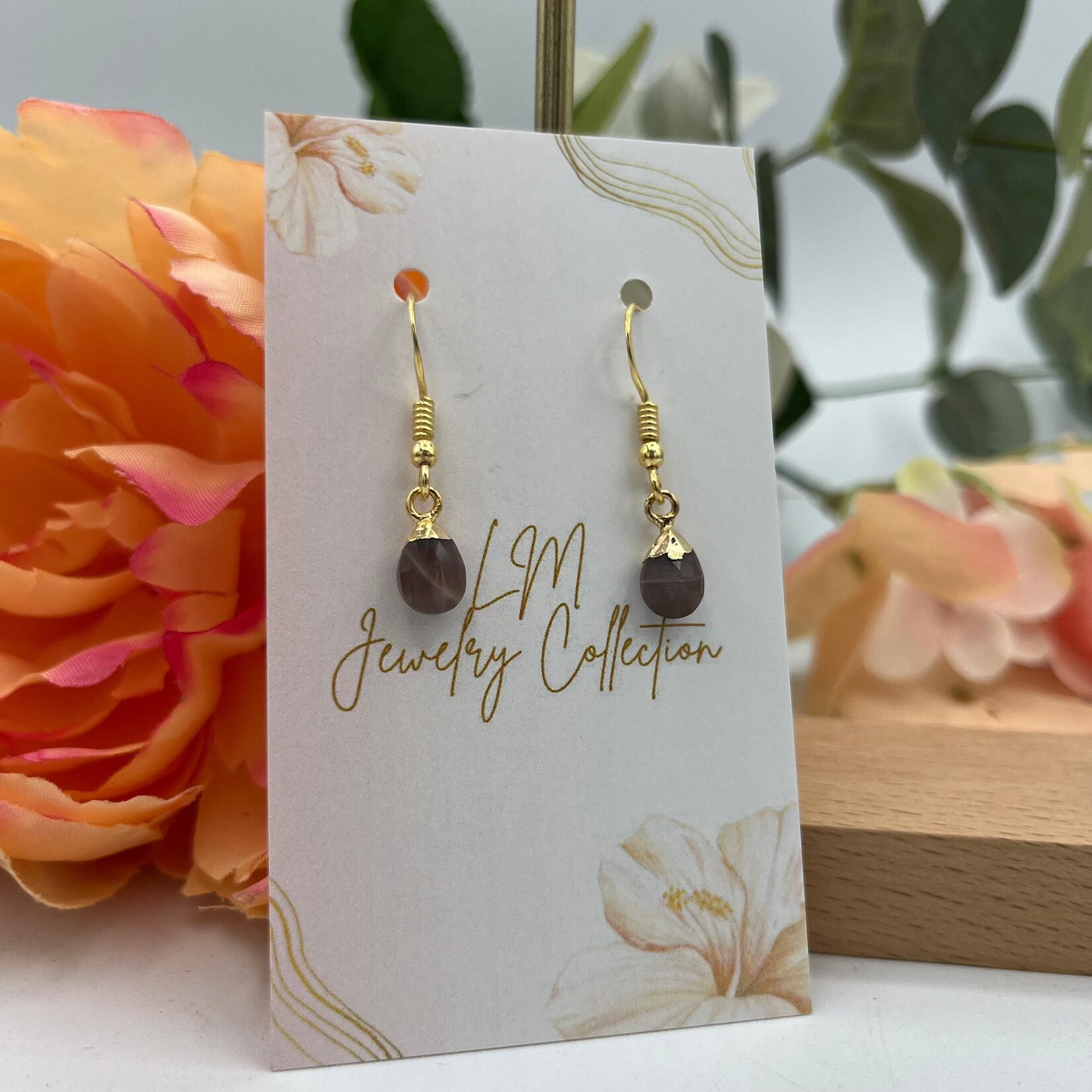 Little McKfarm Chocolate Moonstone Gold Leaf GP Earrings