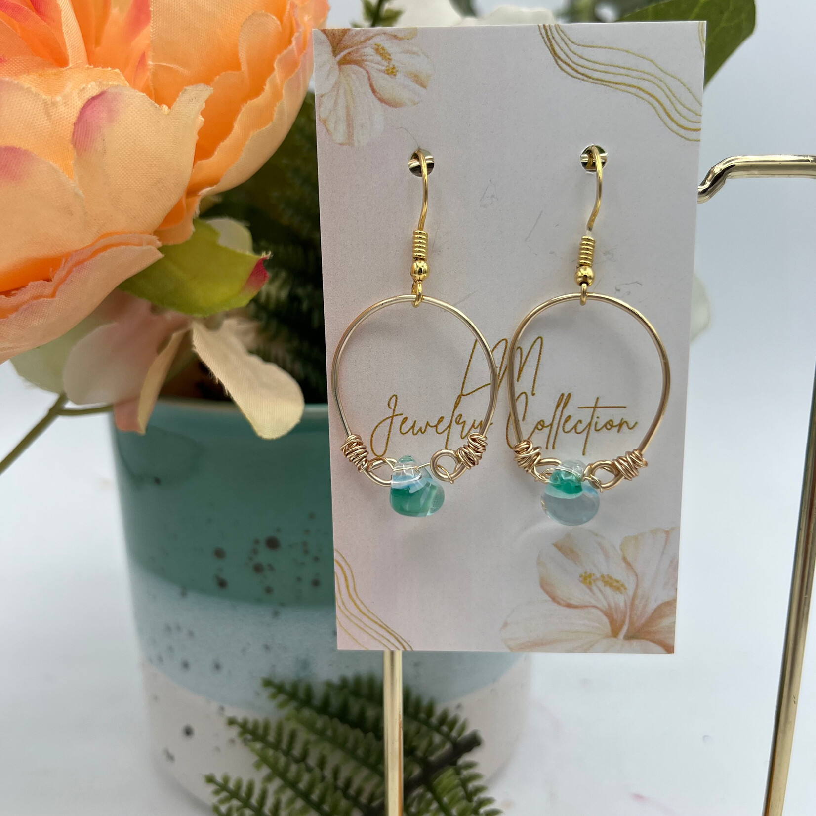 Little McKfarm Marquise Seafoam Glass Bead GP Hoop Earrings