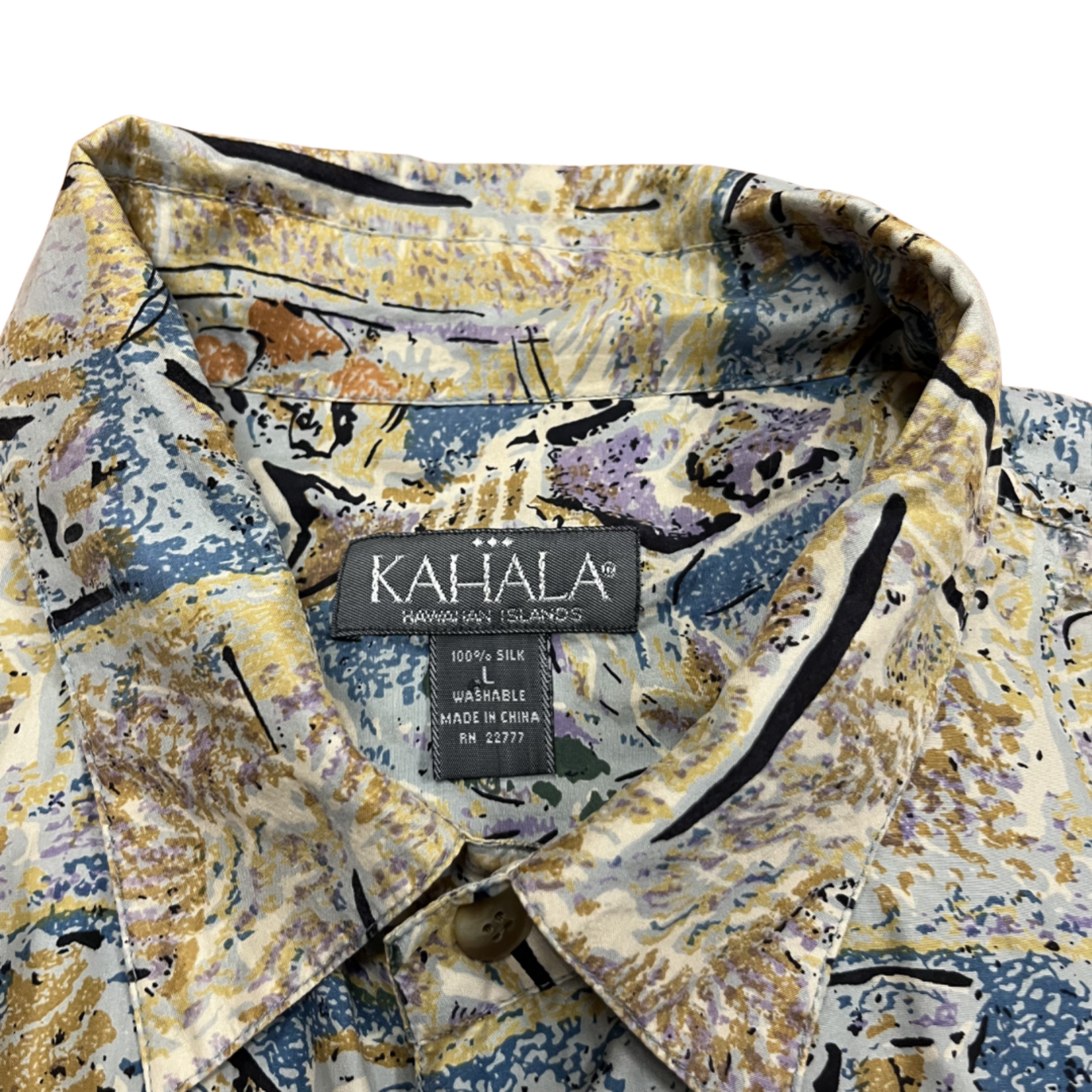 Mission Zero Men's Silk Aloha Shirt - Kahala - Abstract Fish - L - has hole on Shoulder