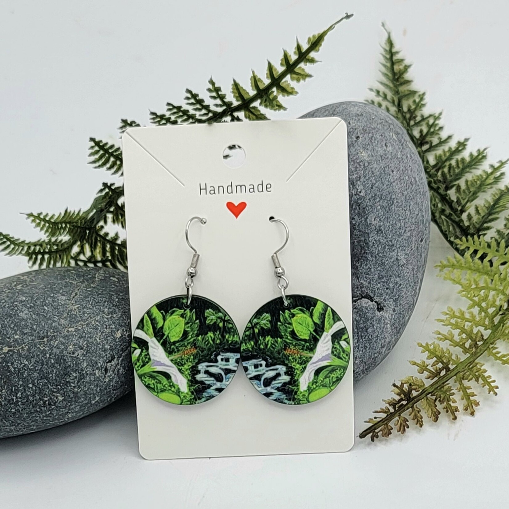Piazza Art White Hibiscus Piazza Art Stainless Steel Circle Earrings