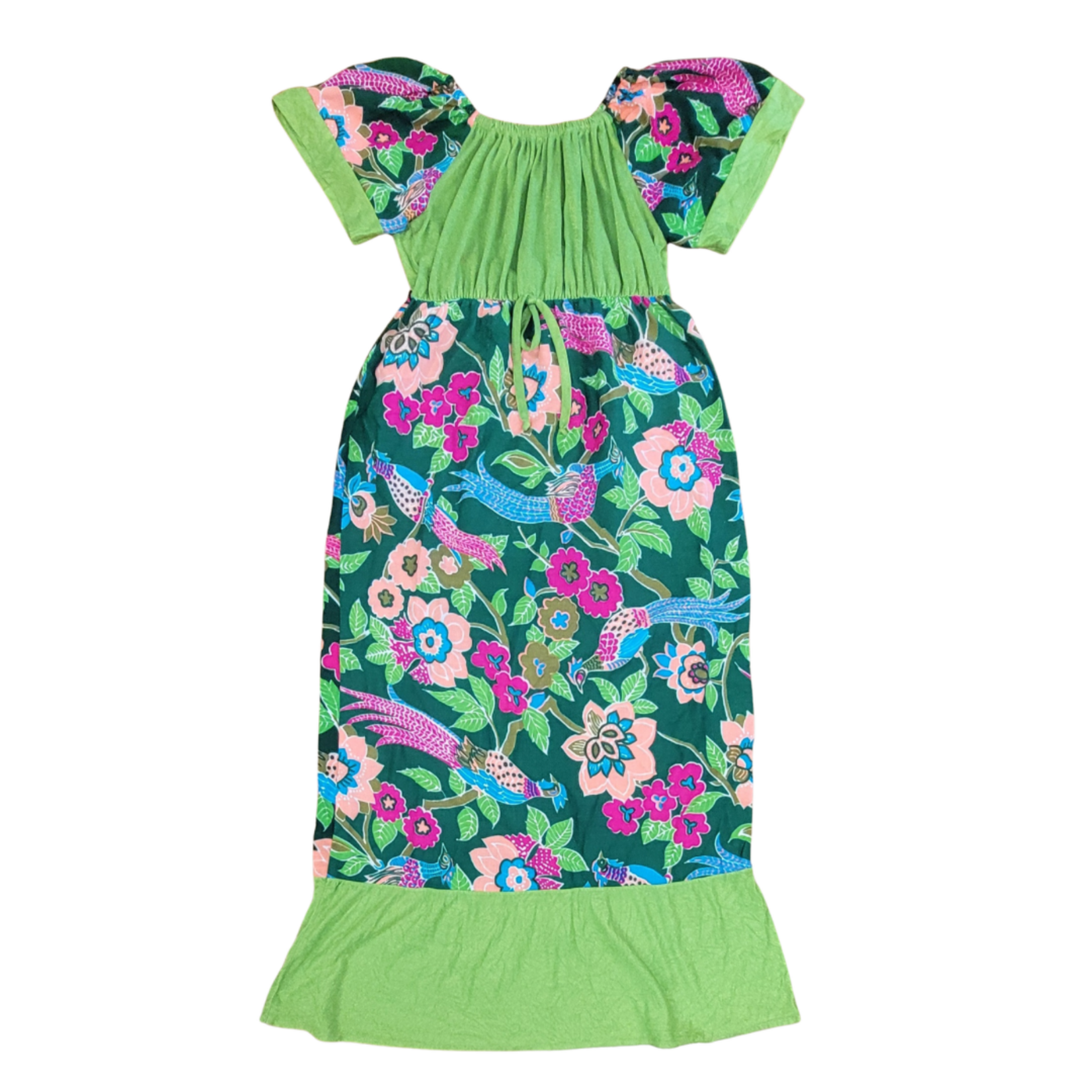 Piazza Art Vintage Empire Waist Dress - Peacocks & Floral on Green - Medium