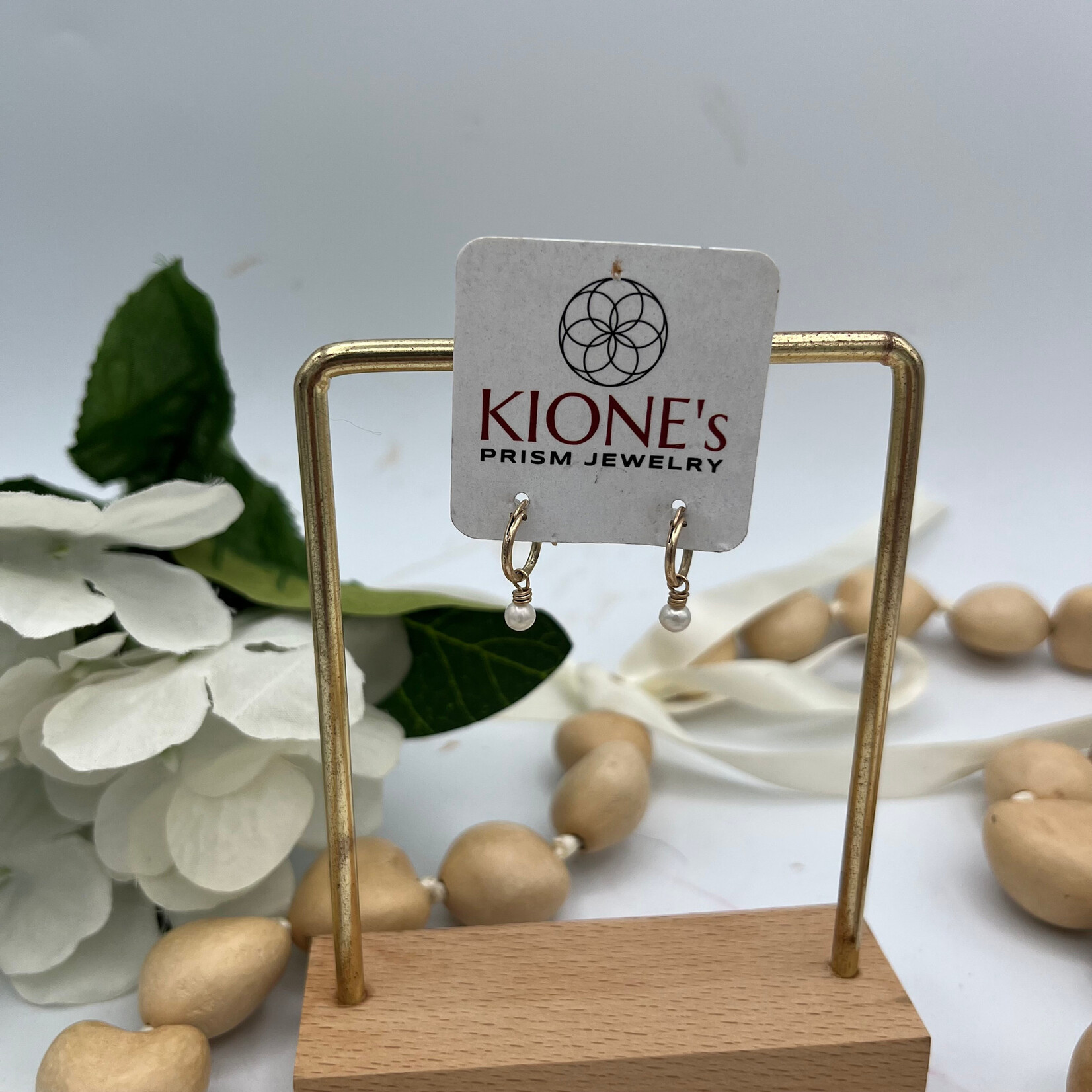 Kione’s Prism Jewelry FW White Pearl + 14kt Yellow GF Small Hoop Earrings