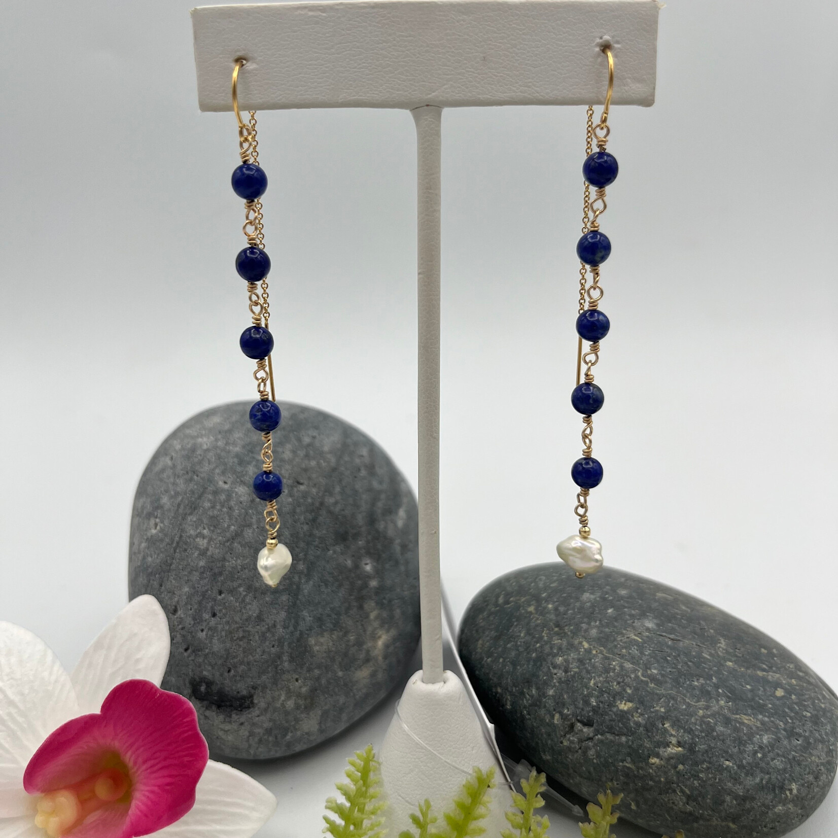 GKS - Grace K Studio Lapis + FW Pearl Threader GF Earrings