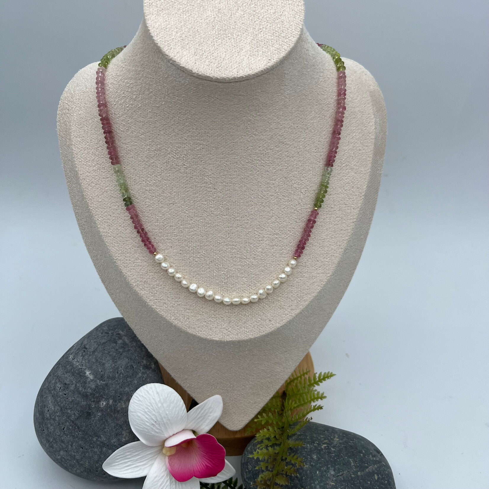 GKS - Grace K Studio FW Pearl + Pink/Green Tourmalines GF 16" + 2" Ext Necklace