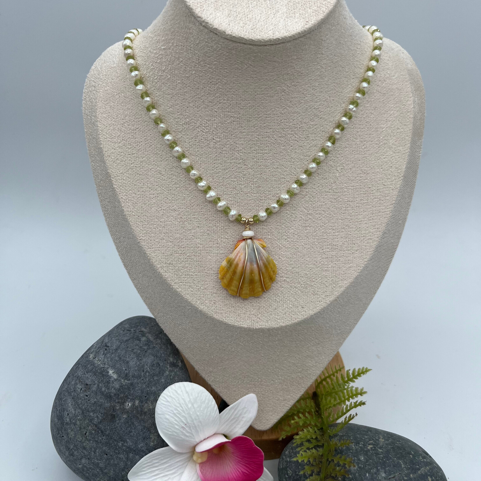 GKS - Grace K Studio Sunrise Shell + FW Pearl + Peridot GF 17.5" + 2" Ext necklace