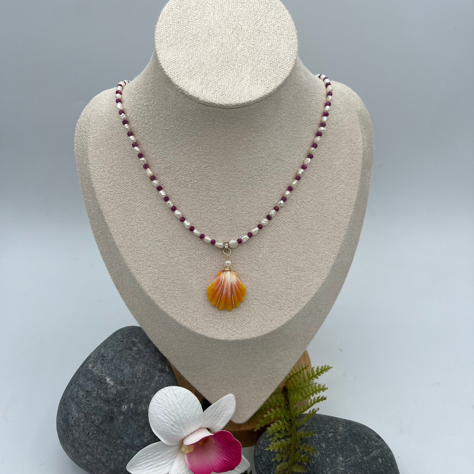 GKS - Grace K Studio Sunrise Shell + FW Pearl + Ruby GF 18" + 2" Ext Necklace