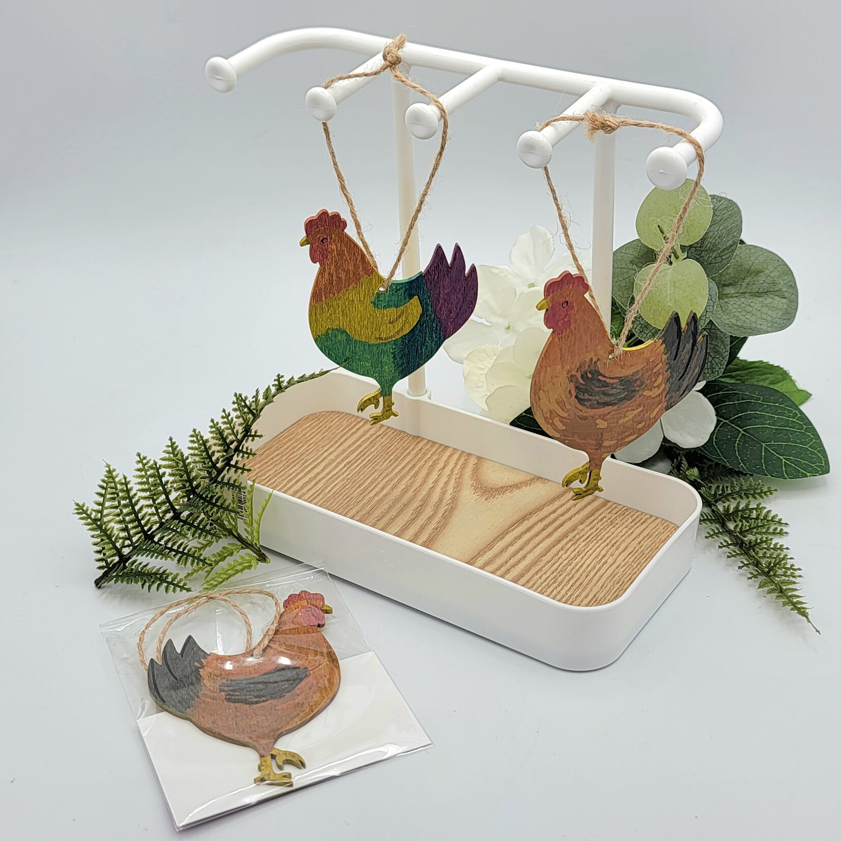 Piazza Art Rooster Wood Ornament - painted wood, uv seal, 3-4"