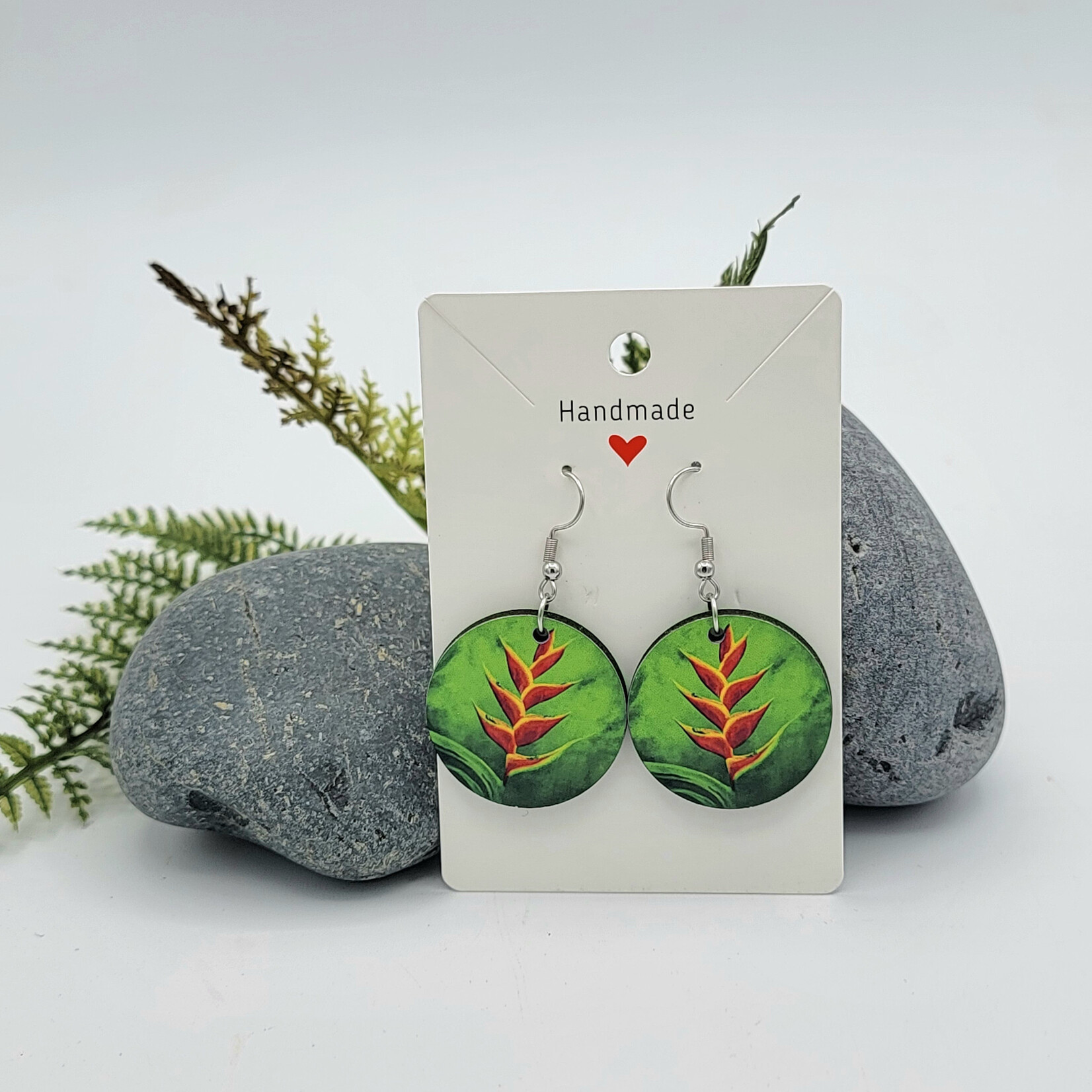 Piazza Art Red Heliconia Piazza Art Stainless Steel Circle Earrings
