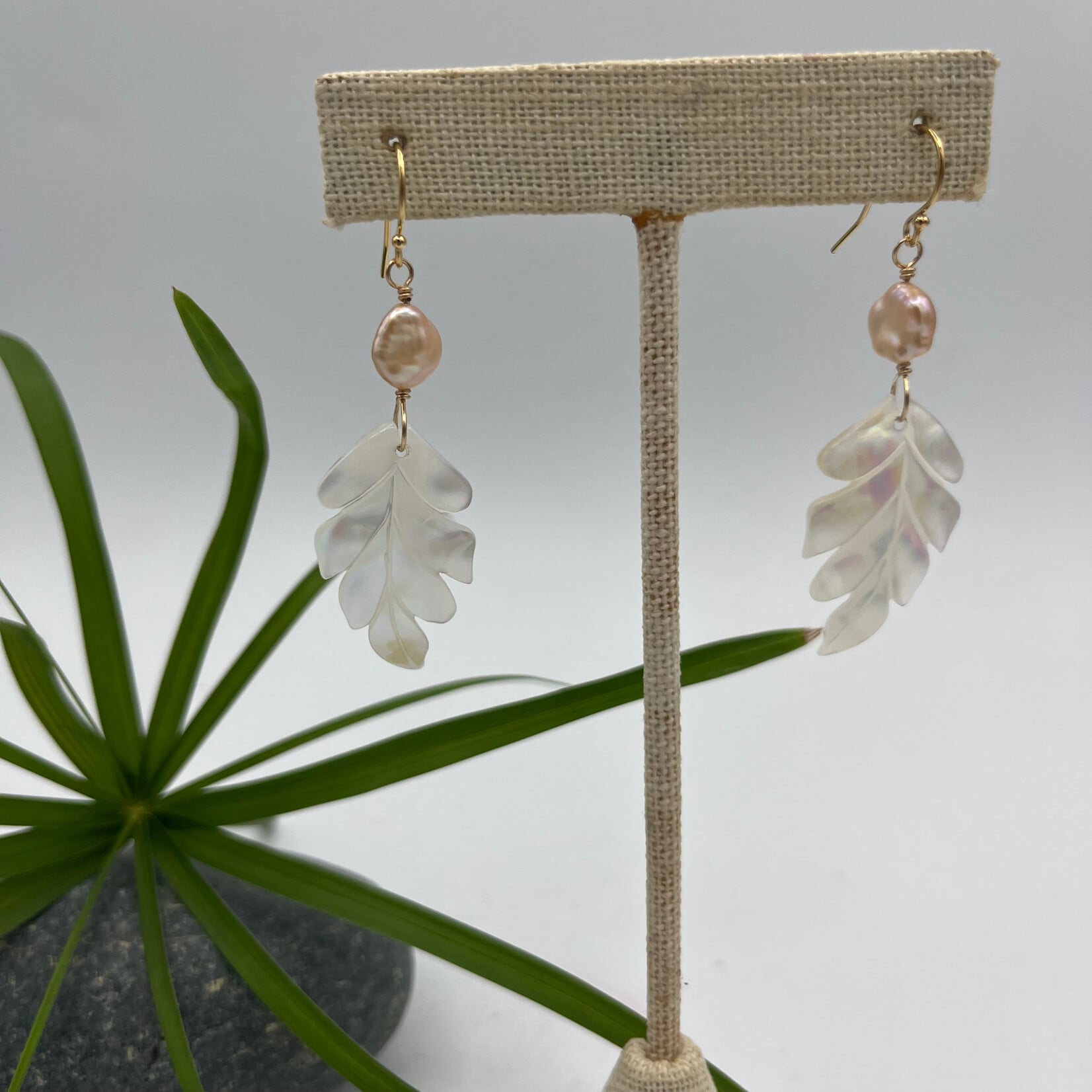 GKS - Grace K Studio Small FW Natural Pink Keshi Pearl + MOP Leaf  GF Earrings