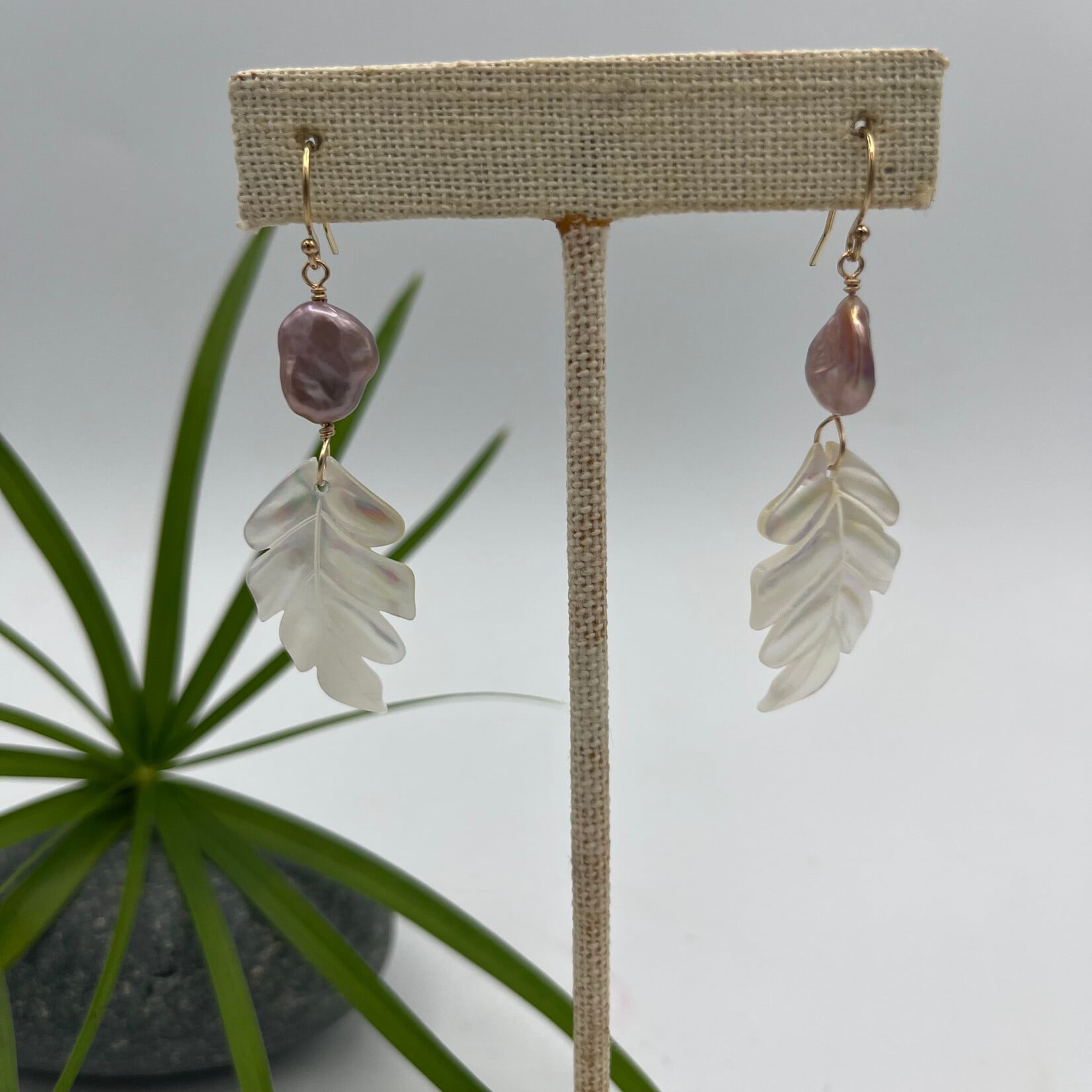 GKS - Grace K Studio Large Natural Pink Keshi Pearl + MOP Leaf GF Earrings