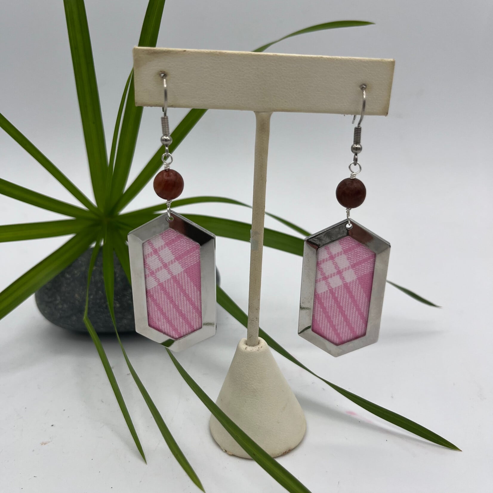GKS - Grace K Studio Palaka Pink Hexagon + Sandalwood Bead Rhodium Plated Earrings