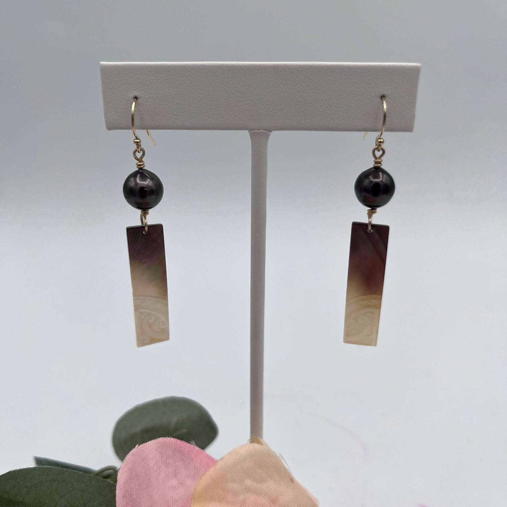 GKS - Grace K Studio Tahitian Pearl + Carved MOP Bar GF Earrings