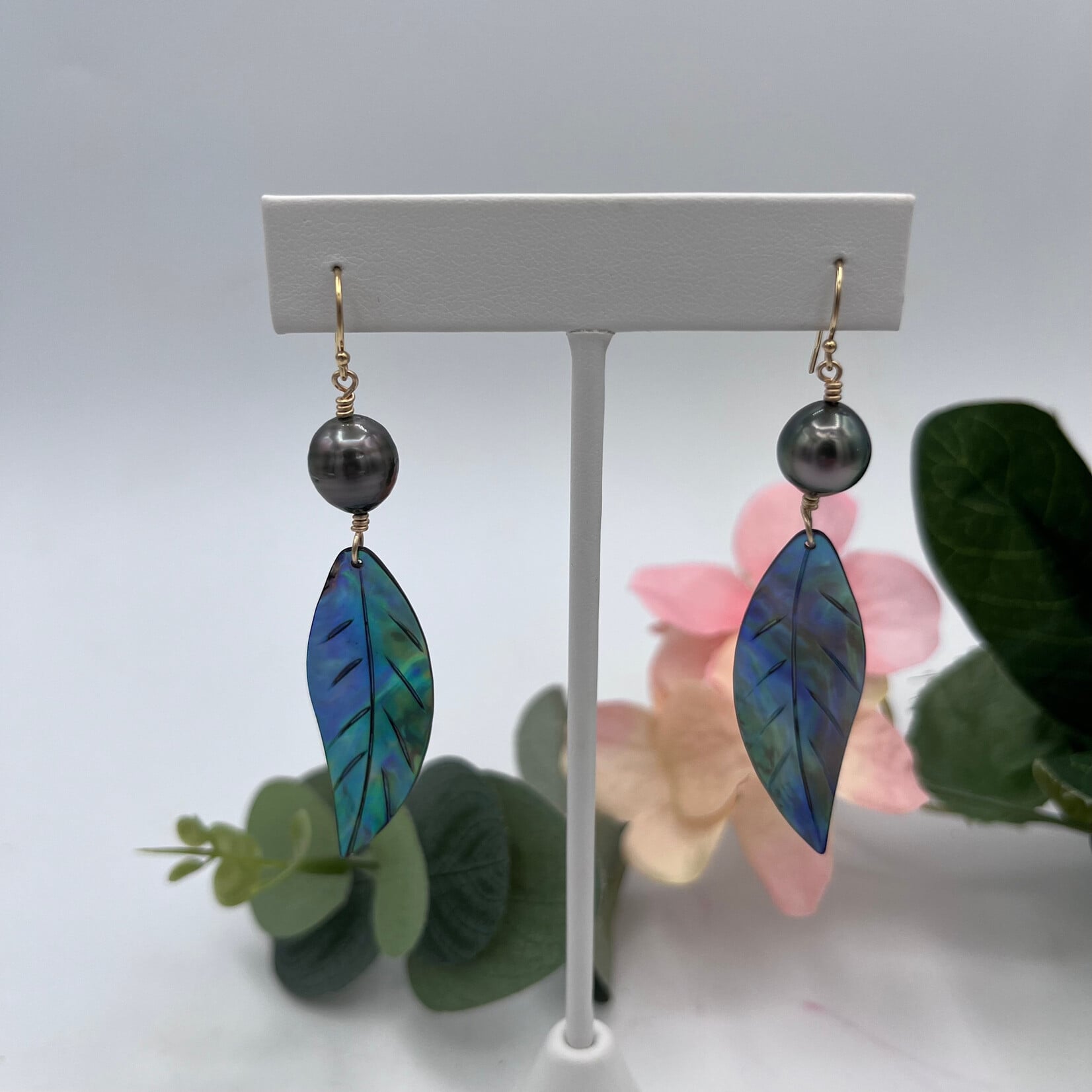 GKS - Grace K Studio Tahitian Pearl + Carved Abalone Leaf GF Earrings
