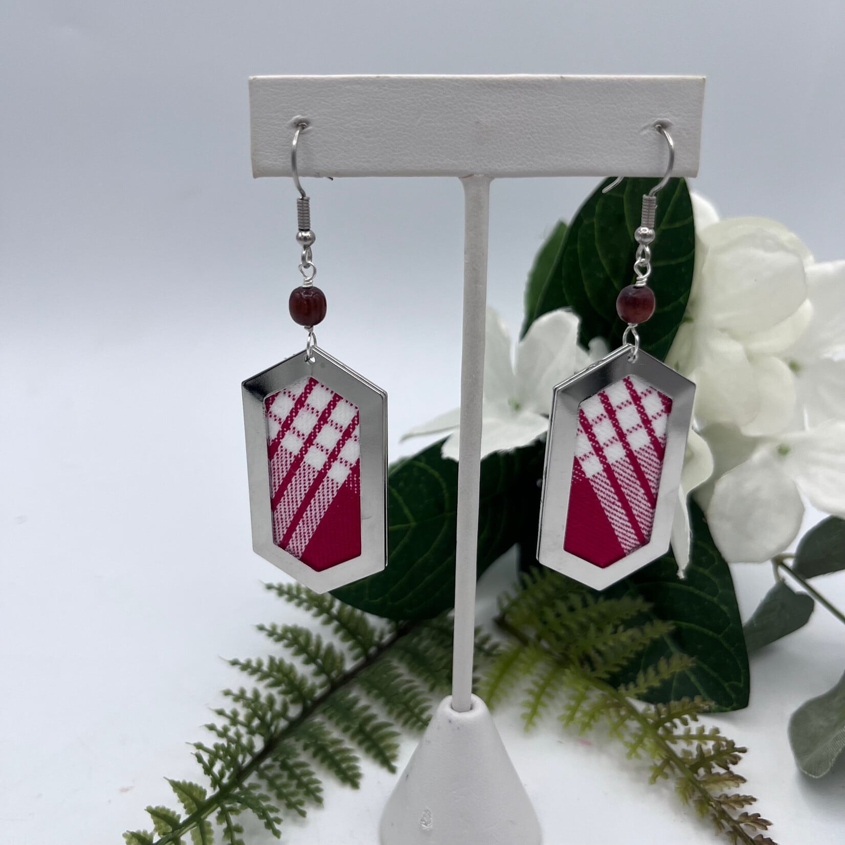 GKS - Grace K Studio Red Palaka + Rhodium Plated Hexagon + Koa Bead + SP Ear Wire Earrings