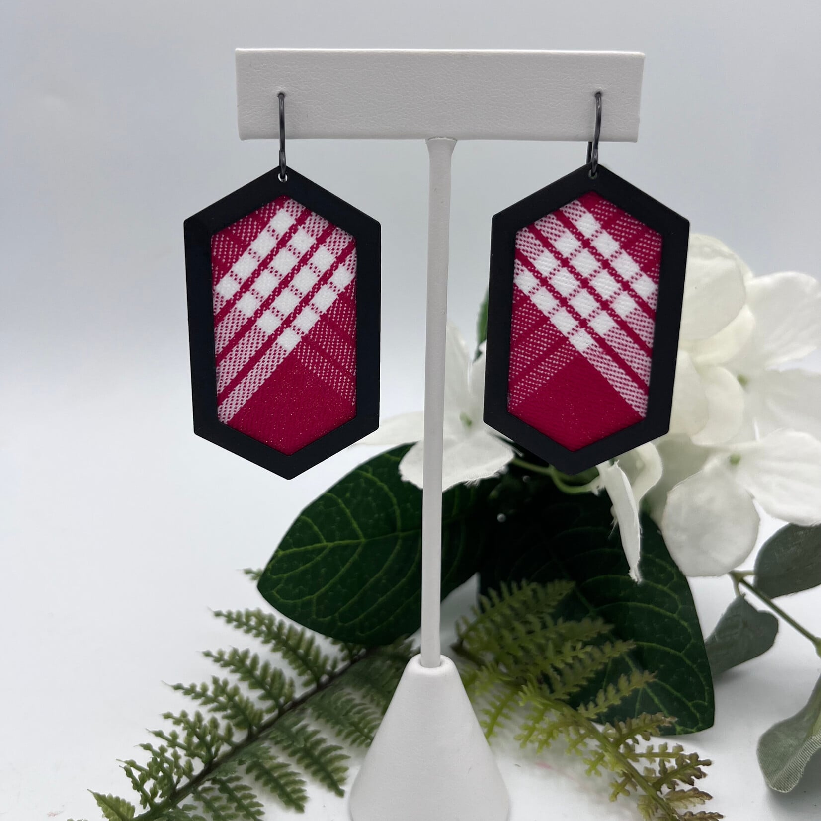 GKS - Grace K Studio Red Palaka + Black Plated Hexagon + Koa Bead + Niobium Plated Ear Wire Earrings